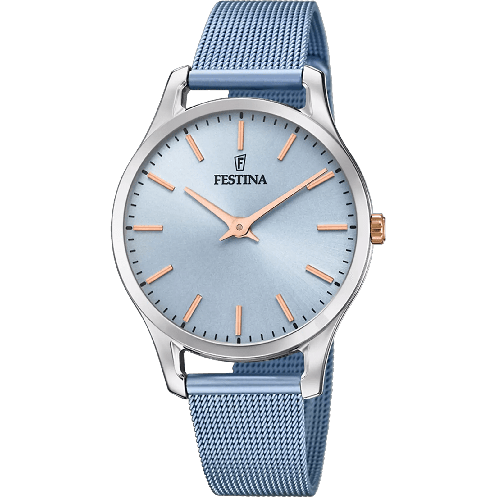 montre festina femme boyfriend collection acier milanais bleu f20506/2. boîtier rond en argenté 34 mm, bracelet milanais bleu, cadran bleu, mouvement quartz, affichage analogique, étanche 5 atm, garantie 2 ans. image disponible sur le site gperdumes