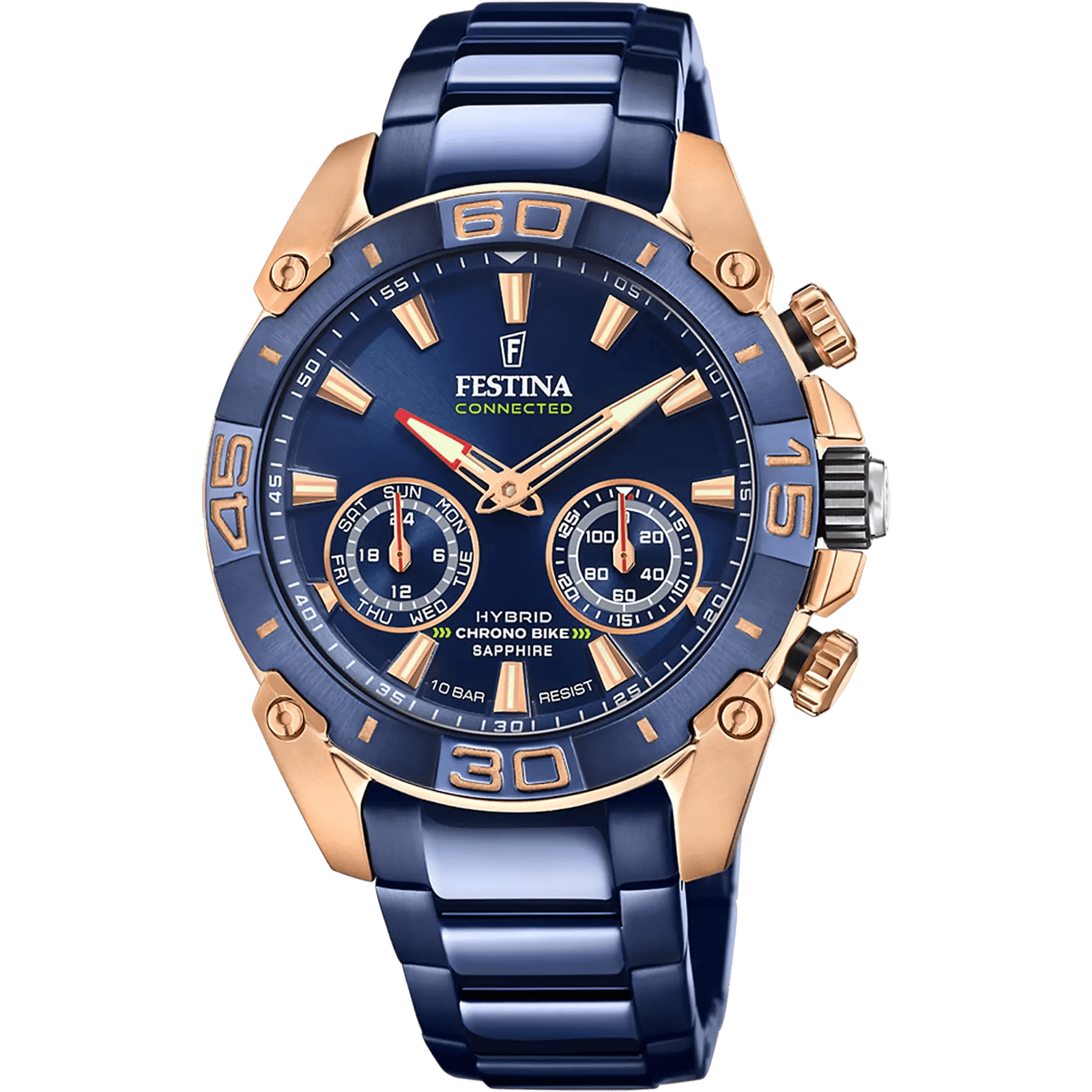 festina connected chrono bike hybrid (édition spéciale rose / bleu), montre hybride sportive et élégante pour homme, mouvement à quartz, verre saphir, boîtier acier inoxydable 45,5 mm, bracelet bleu, étanche 100 m, fonctionnalités connectées.