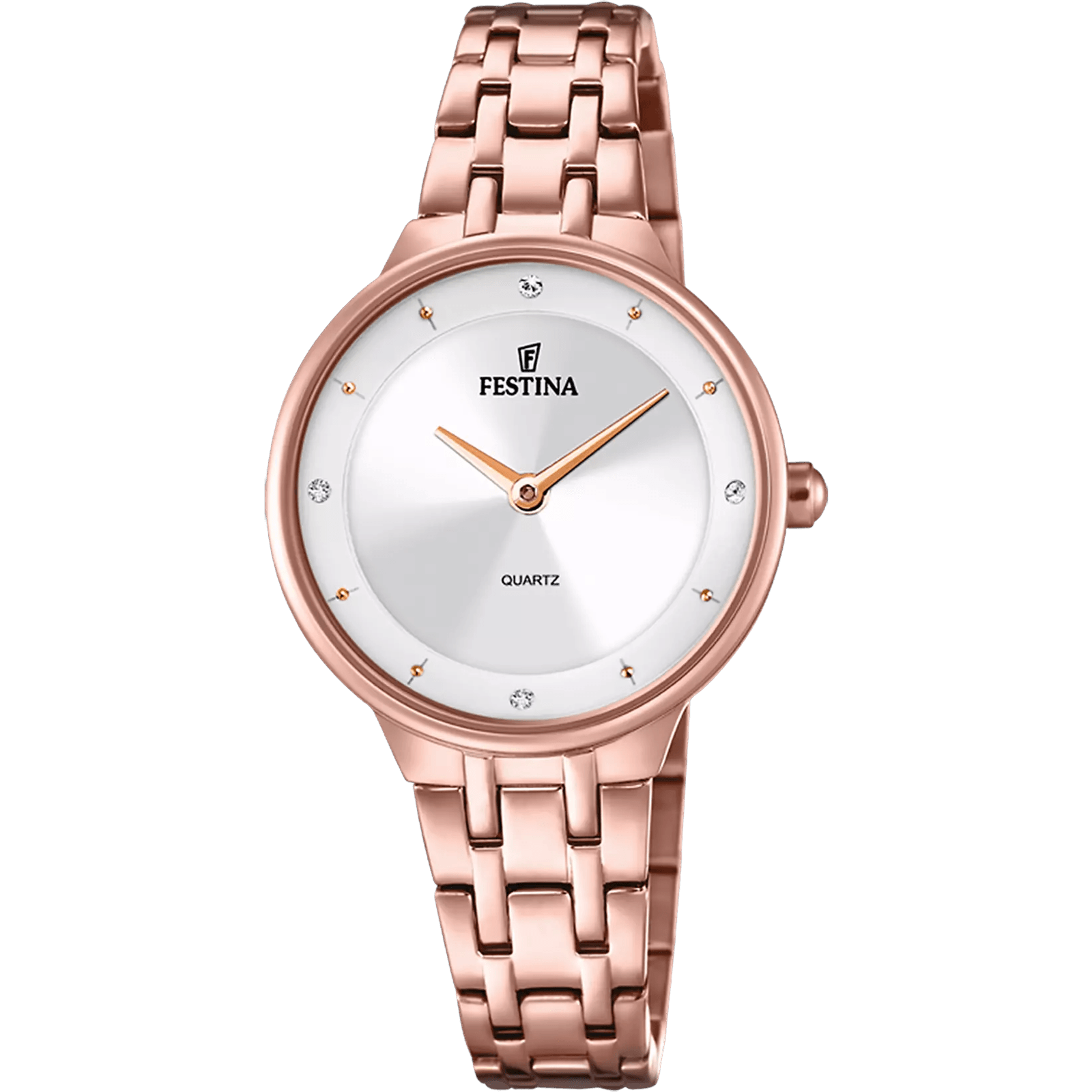 montre femme ronde (30,5 mm), acier inoxydable (pvd rose ou doré), verre minéral, mouvement quartz miyota à deux aiguilles, bracelet rose doré, étanche 5 atm.