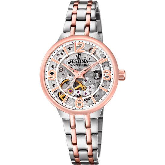 festina automatico montre femme automatique acier bicolore f20615/1 - boîtier rond en acier inoxydable couleur rose, cadran squelette gris avec aiguilles et index dorés roses, bracelet en argenté bicolore, mouvement automatique, verre saphir, étanch