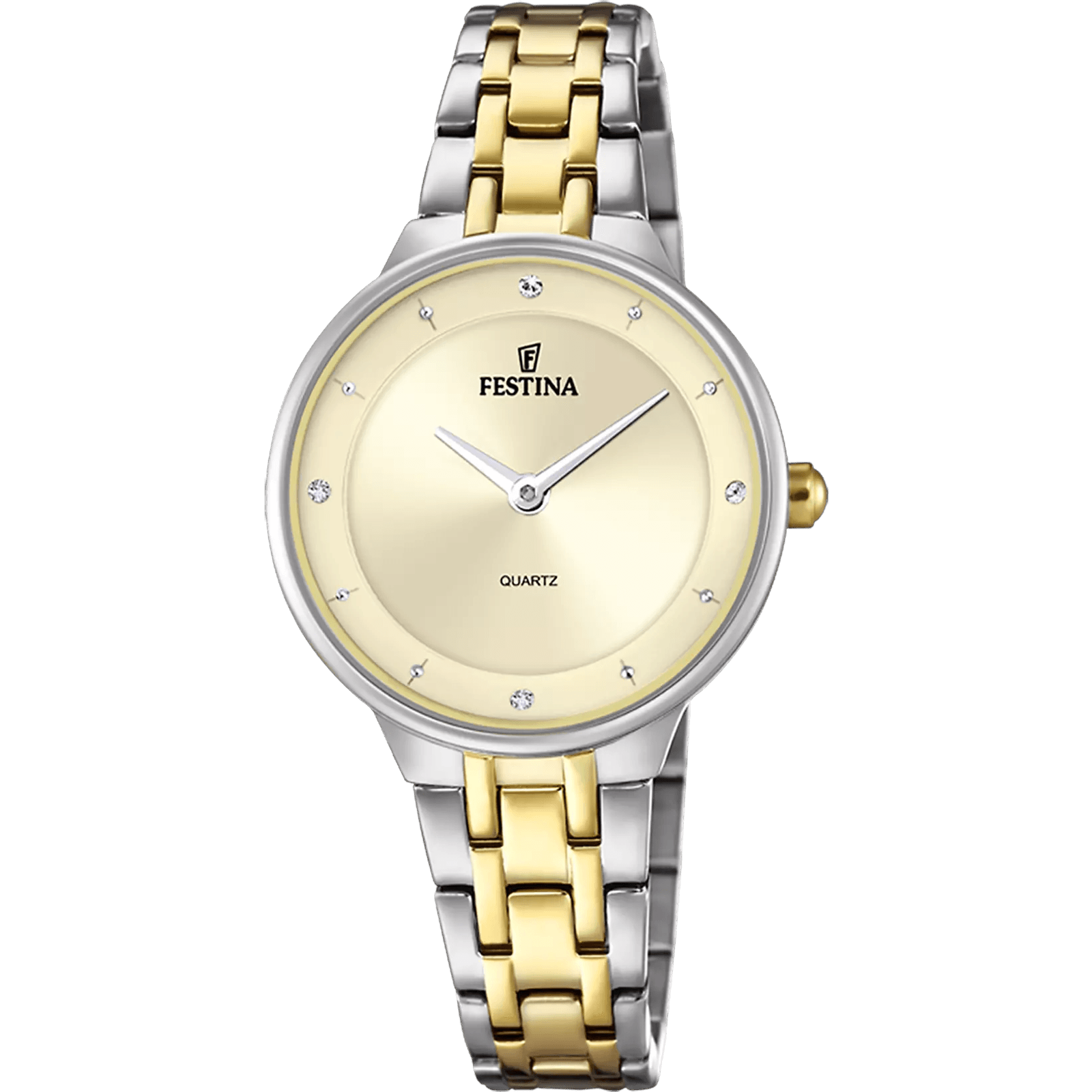 montre festina mademoiselle f20625/2 : femme analogique à quartz de la collection mademoiselle, boîtier acier rond d’environ 30 mm, cadran champagne, bracelet acier bicolore avec boucle déployante, verre minéral, étanche 5 atm.
