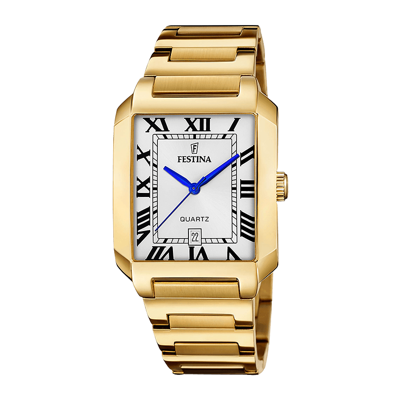Montre Homme Festina "On the Square"  Acier Doré Rectangulaire, Cadran Blanc Chiffres Romains –  F20678-1