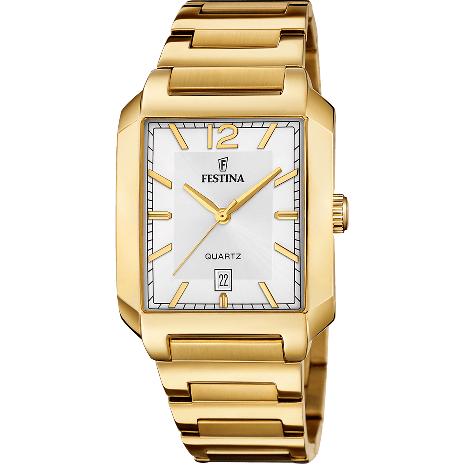 montre festina f20678/2 – collection « on the square » : homme élégante, boîtier rectangulaire doré, cadran argenté/gris, mouvement quartz miyota gr12, date, bracelet acier doré, étanche 5 atm, garantie 2 ans.