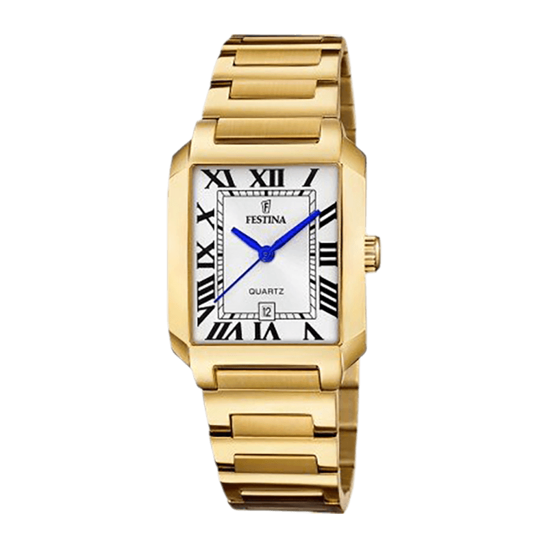 Montre Femme Festina "On the Square"  Acier Doré Rectangulaire 33mm, Cadran Blanc/Gris – F20680-1