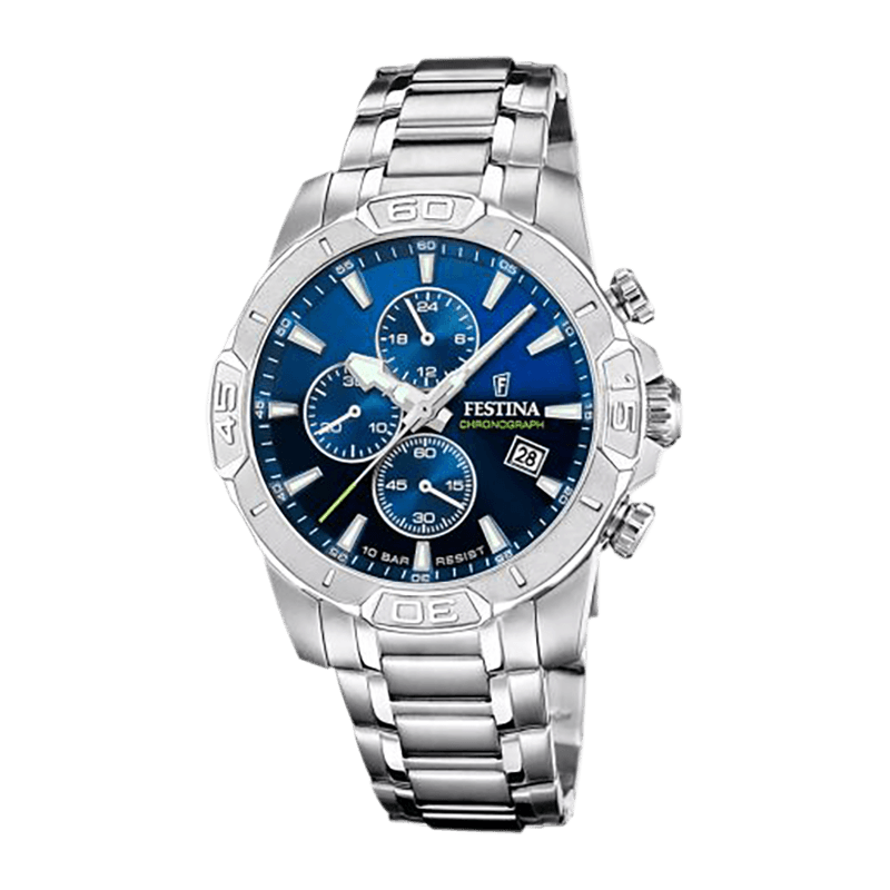 Montre Homme Festina Timeless Chronograph Acier Argenté 45mm, Cadran Bleu  Chronographe –F20704-4