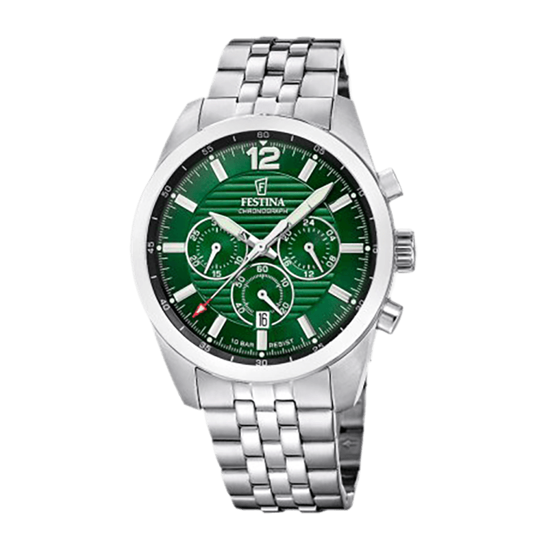 Montre Homme Festina Timeless Chronograph  Acier 43.8mm, Cadran Vert  Chronographe – F20742-5