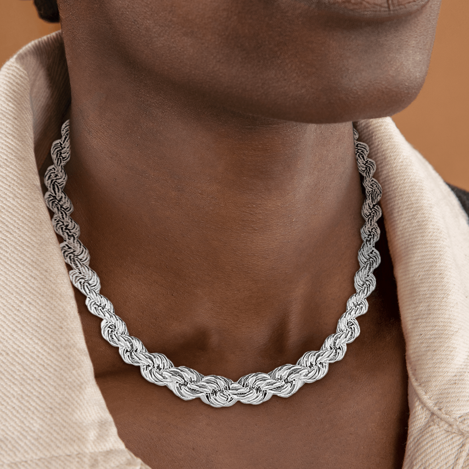 Collier argent chute maille corde centre