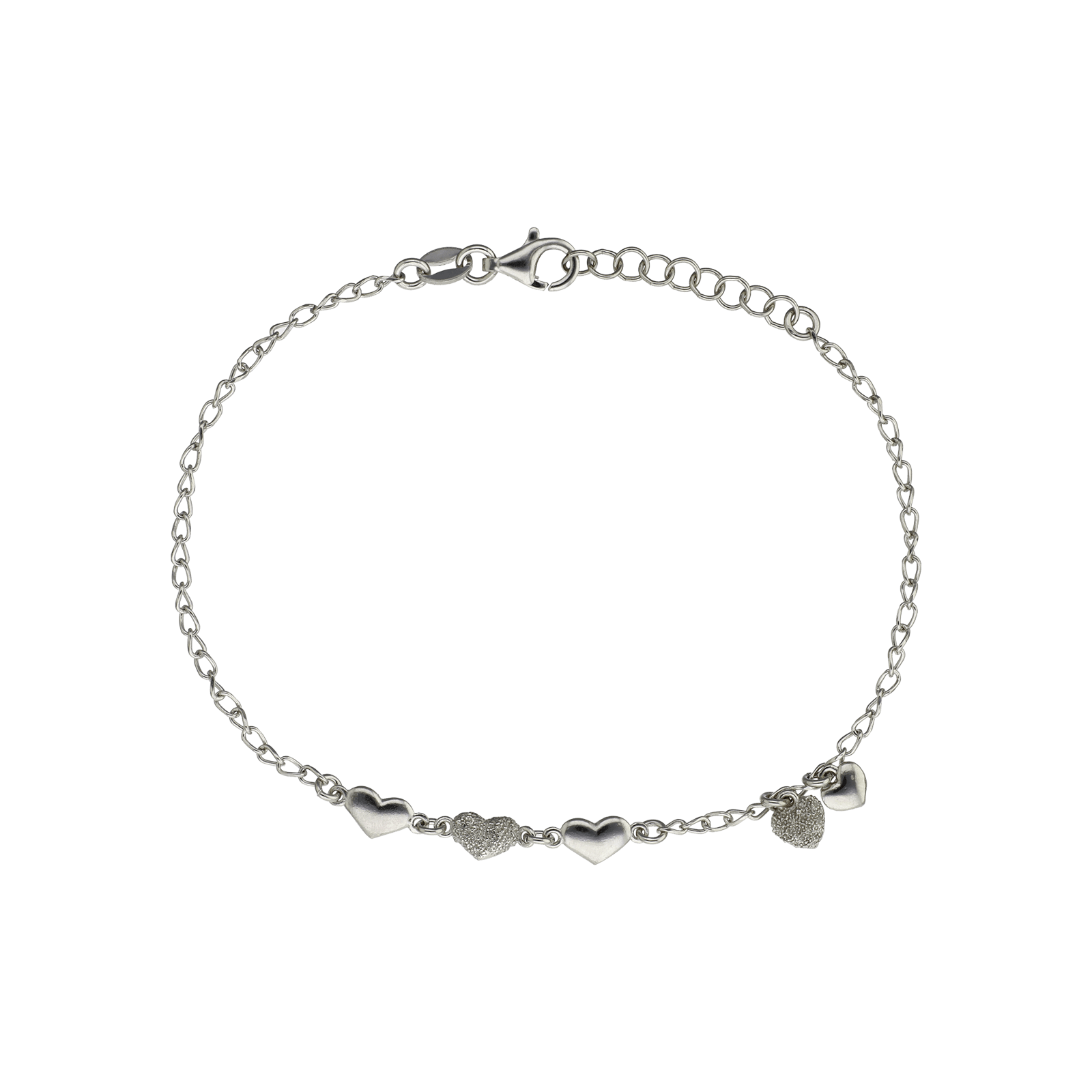 Bracelet Argent trois coeurs lisses et lasers plus Breloque coeur 18 plus 2 centimètres