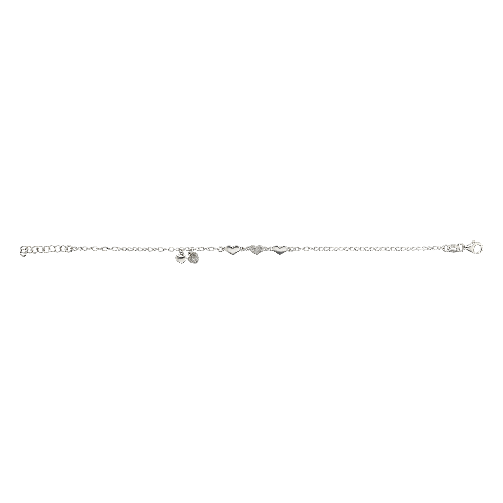 Bracelet Argent trois coeurs lisses et lasers plus Breloque coeur 18 plus 2 centimètres