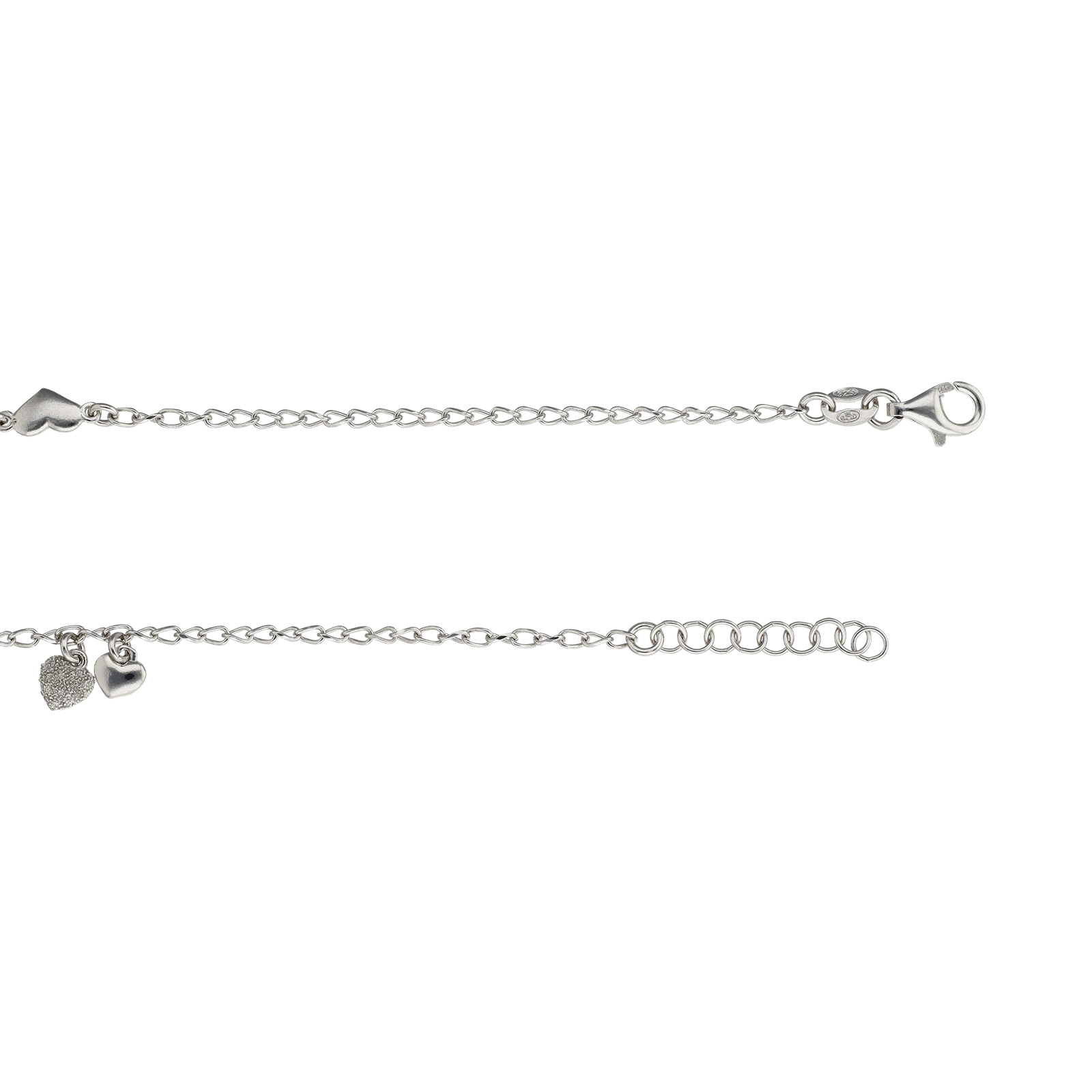 Bracelet Argent trois coeurs lisses et lasers plus Breloque coeur 18 plus 2 centimètres