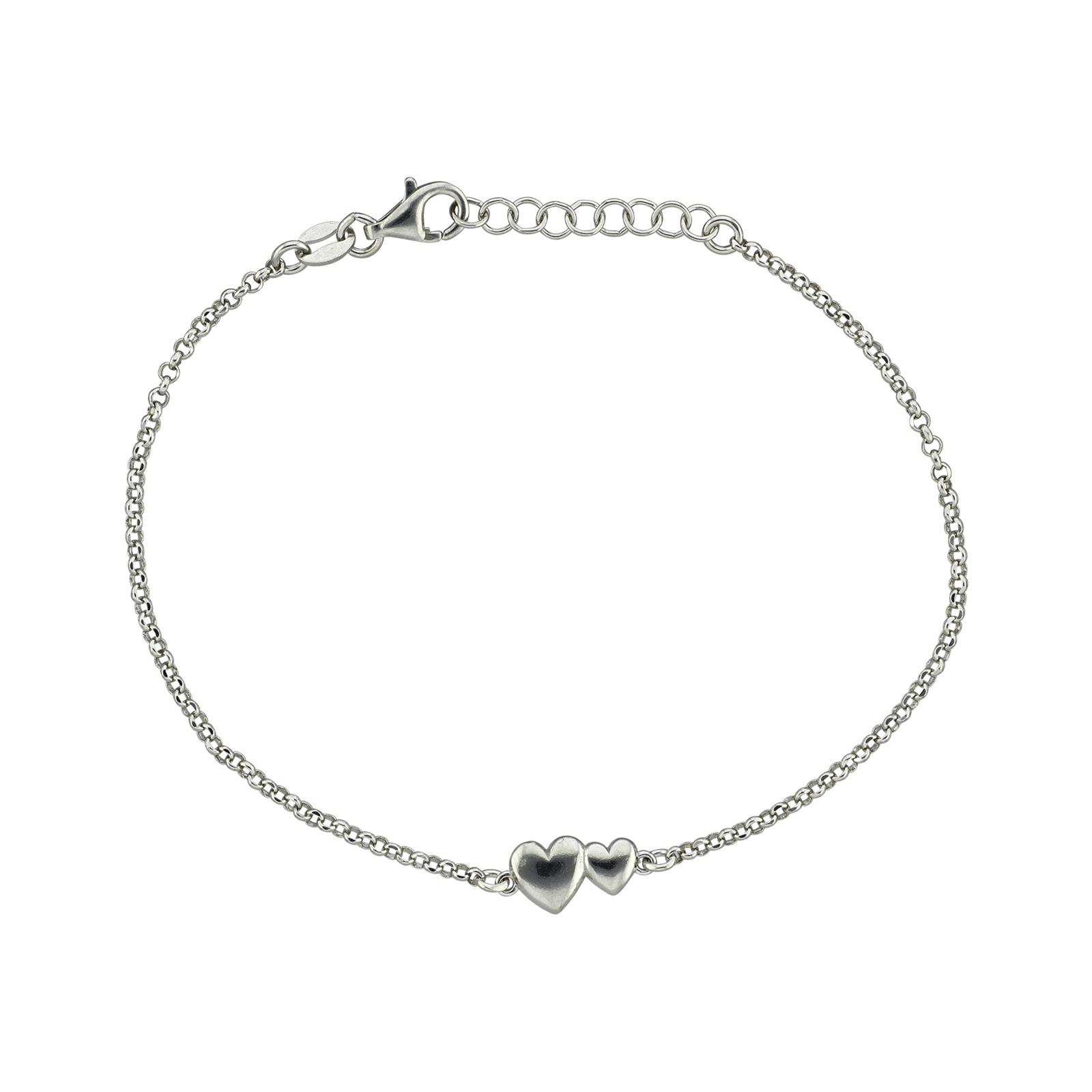 Bracelet Argent Centre 2 coeurs Lisses 18 plus 2 centimètres