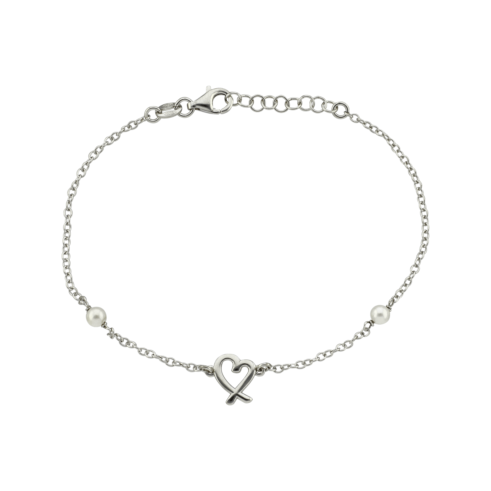 bracelet Argent Centre coeur ajouré plus 2 Perles 18 plus 2 centimètres