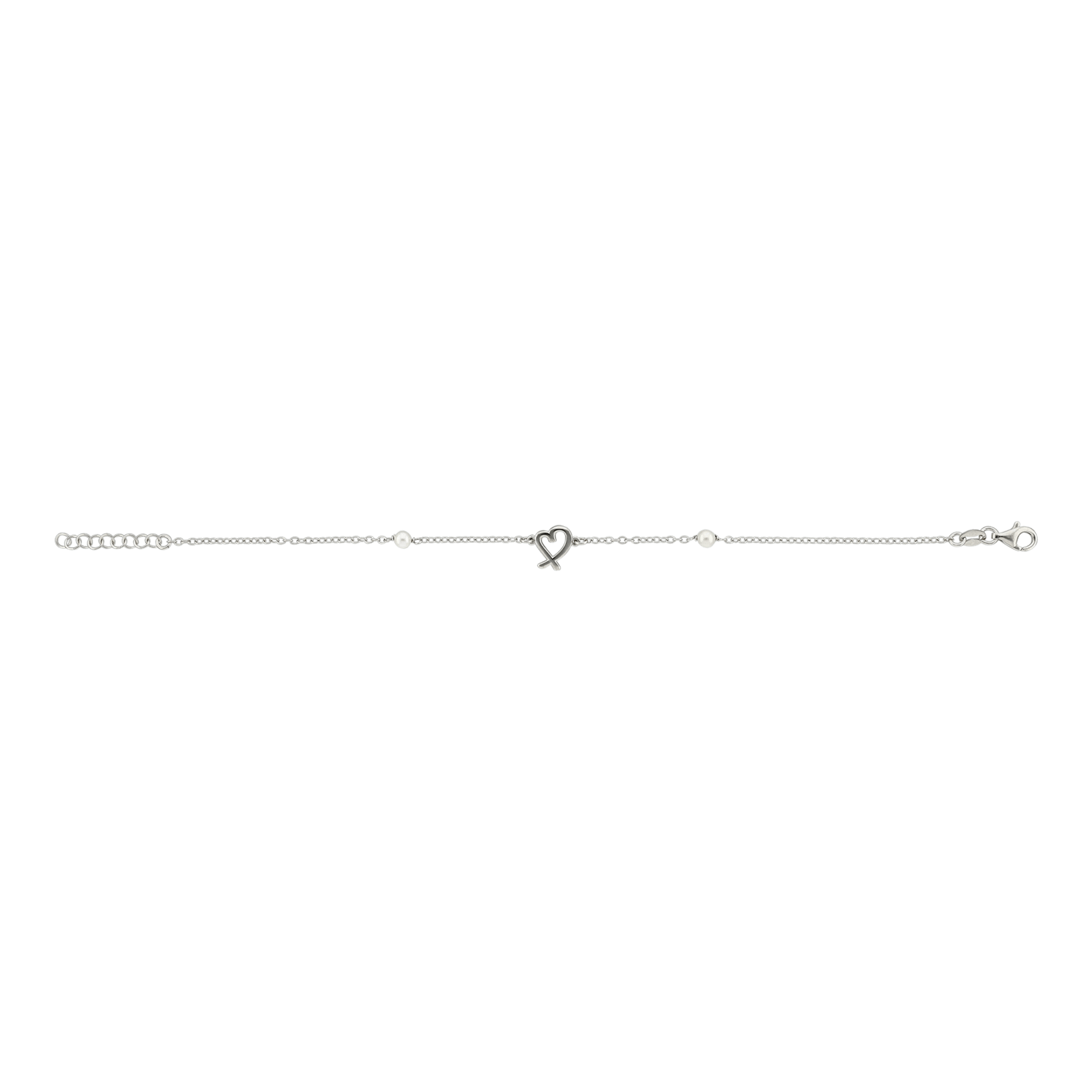bracelet Argent Centre coeur ajouré plus 2 Perles 18 plus 2 centimètres
