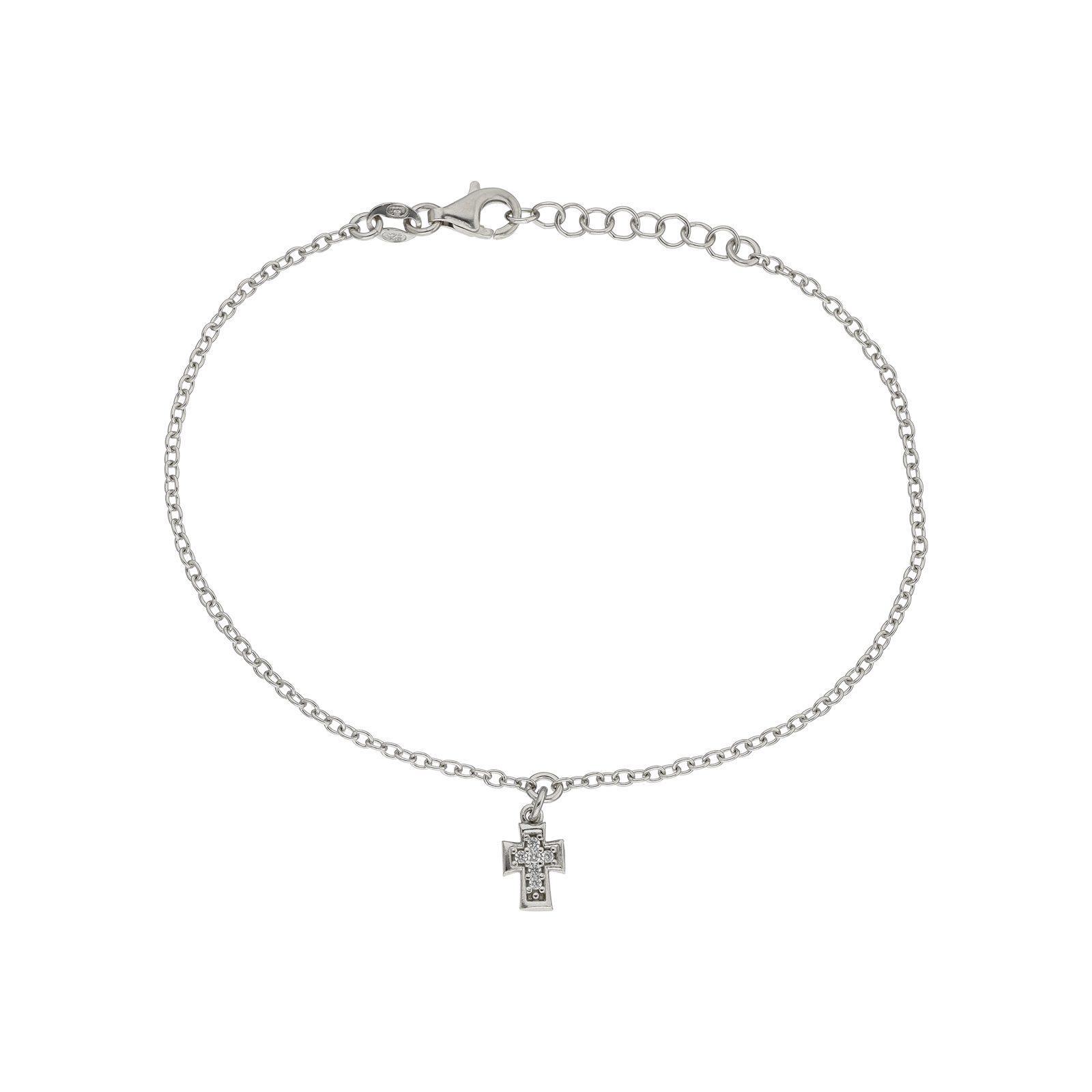 Bracelet Argent Centre breloque Croix sertie Oxyde de Zirconium 18 plus 2 centimètres