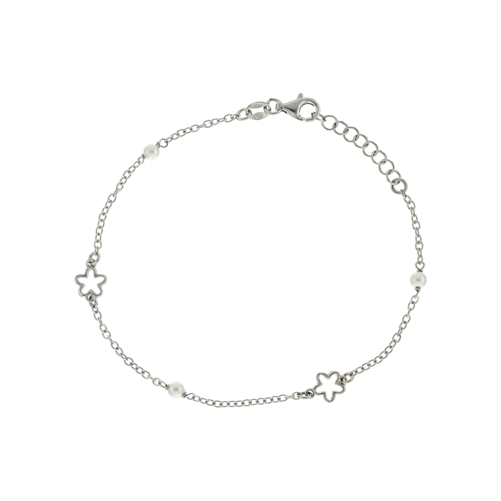 Bracelet Argent fleur plus perles blanches 18 centimètres plus 2 centimètres