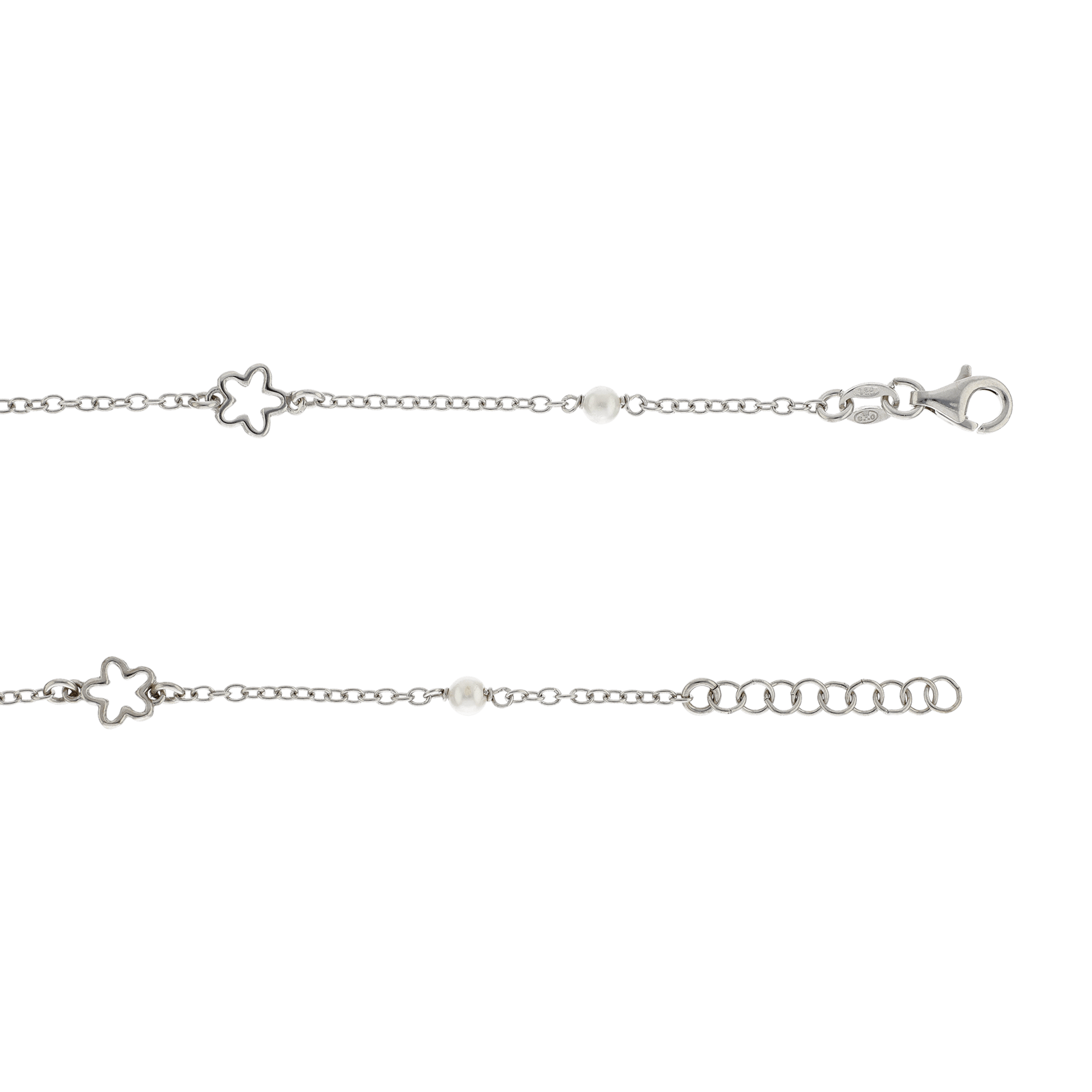 Bracelet Argent fleur plus perles blanches 18 centimètres plus 2 centimètres