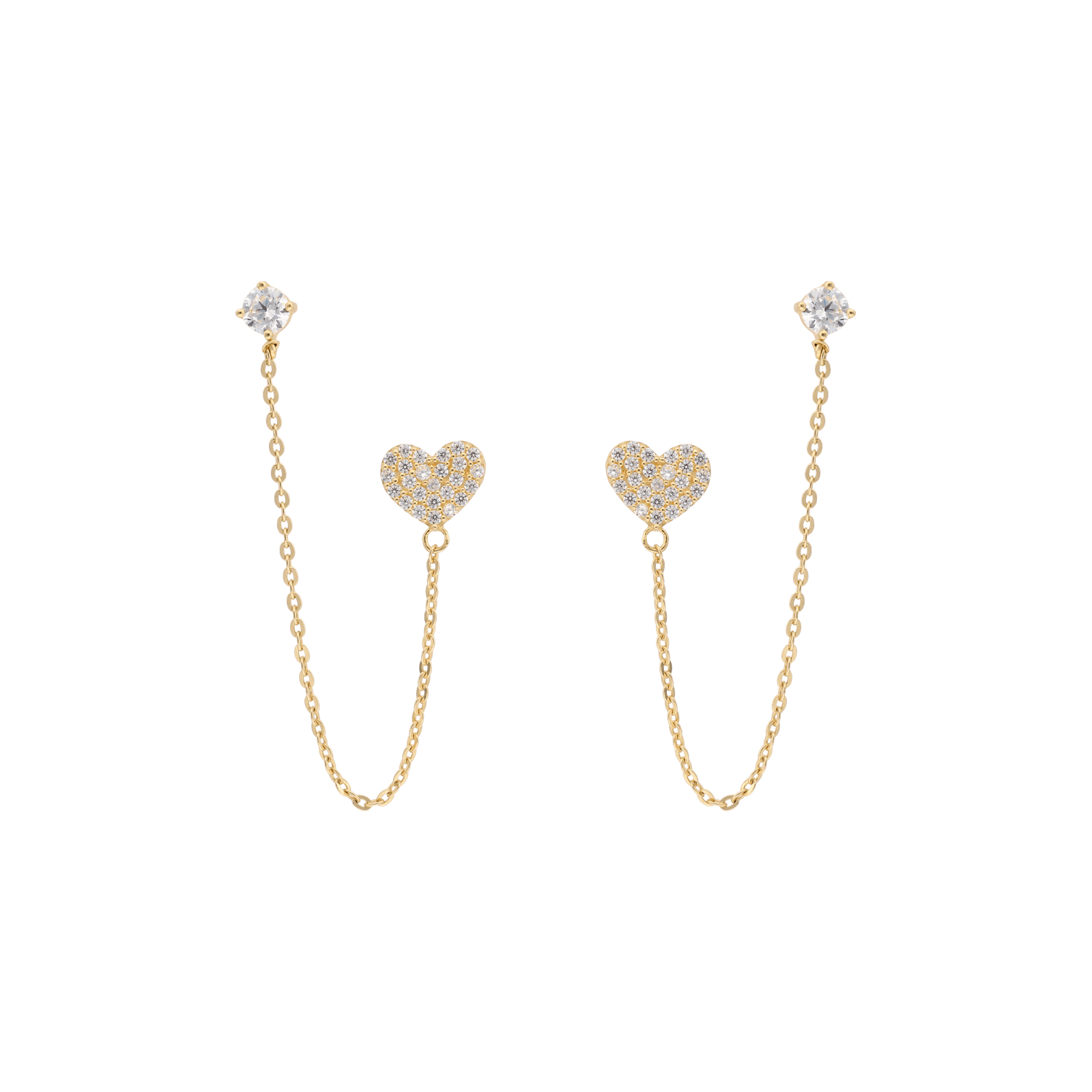mono boucle d'oreille boucles d'oreilles clou oxyde de zirconium et chainette coeur sertie de zirconium