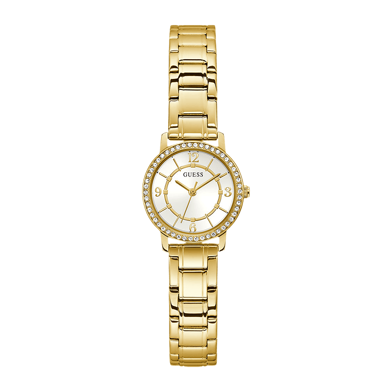 Montre Femme Guess Melody Boîtier Acier Doré 28mm, Lunette Cristaux, Cadran Blanc/Doré, Bracelet Acier Doré –GW0468L2