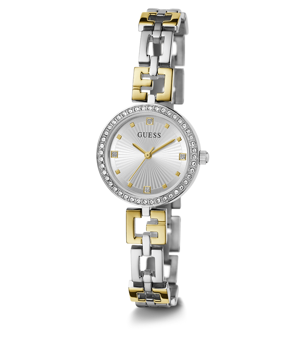 Montre Guess Lady G en Acier et PVD Bicolore (référence GW0656L1) : Garde‑temps lumineux et élégant, facile à porter au quotidien avec son style bicolore et son bracelet en acier inoxydable.