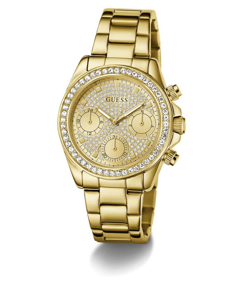 Montre Femme Guess "Victoria" Boîtier Acier Doré 36mm, Lunette Cristaux, Cadran Champagne Multifonction, Bracelet Acier Doré – GW1037L2