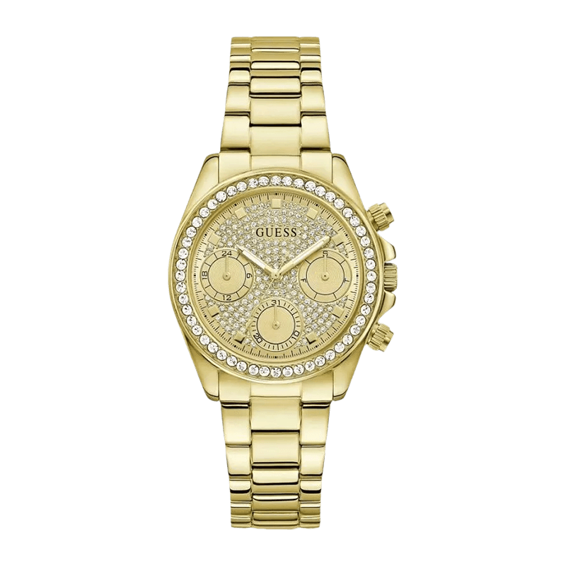 Montre Femme Guess "Victoria" Boîtier Acier Doré 36mm, Lunette Cristaux, Cadran Champagne Multifonction, Bracelet Acier Doré – GW1037L2