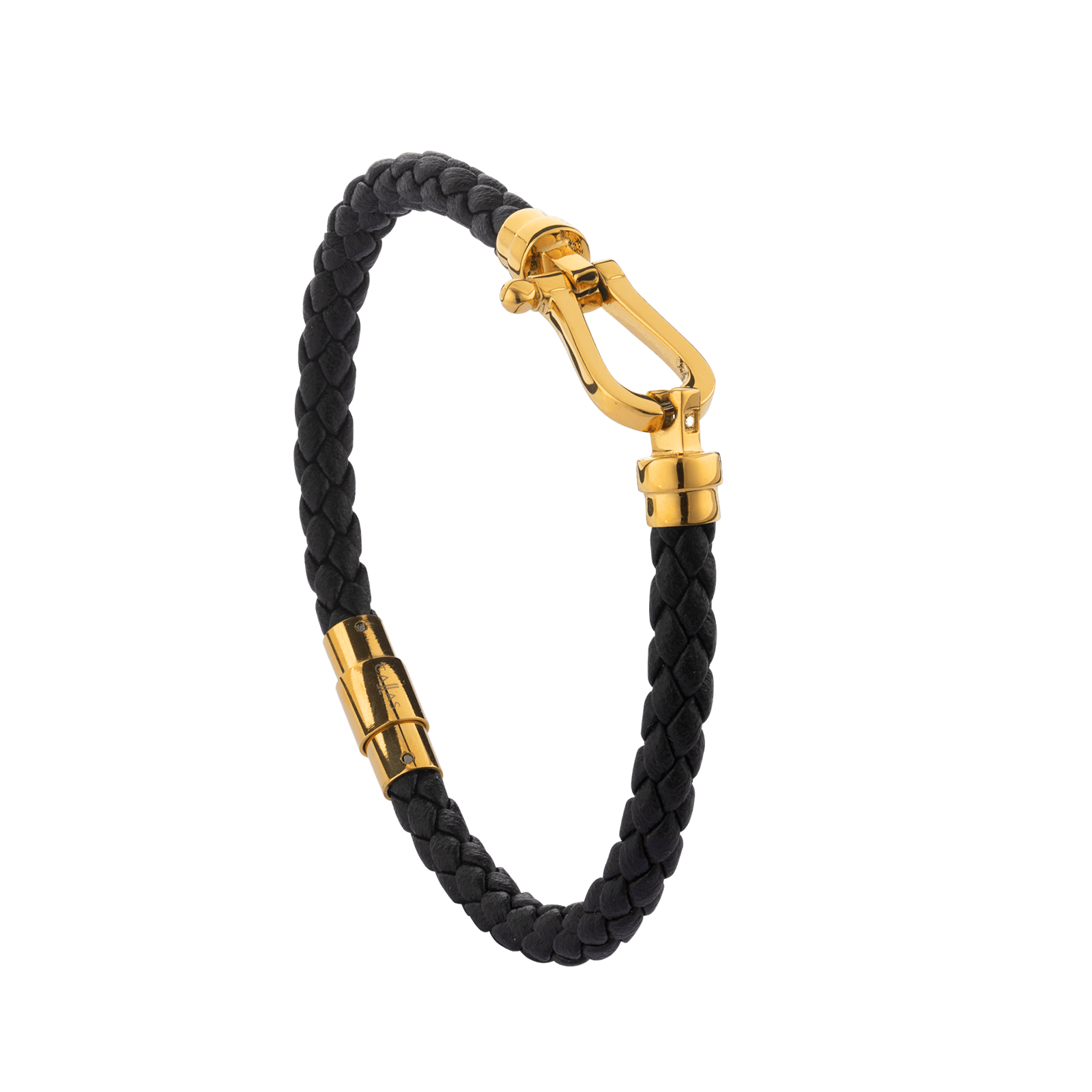 Bracelet Callas cuir noir manille Acier doré plus Diamanté 21cm