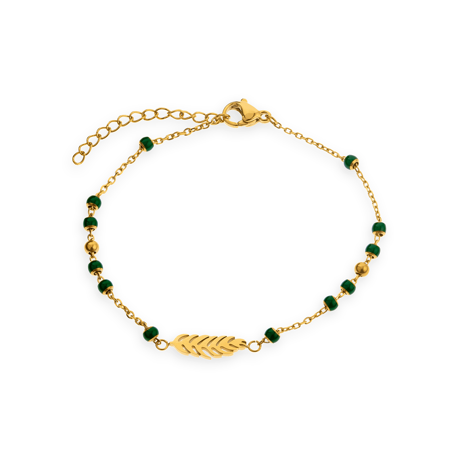 Bracelet Acier Jaune Chaîne Boules Email Vert Feuille