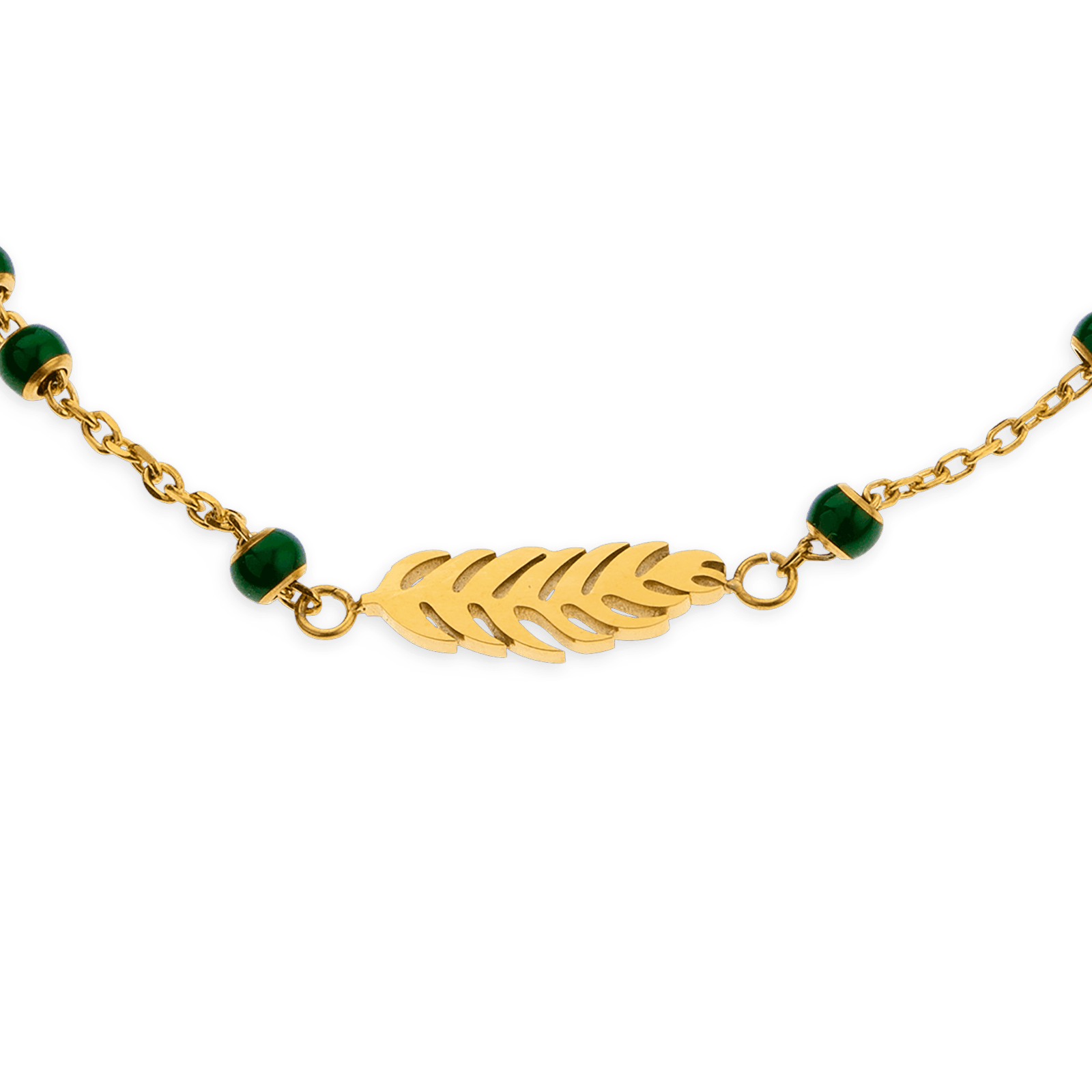 Bracelet Acier Jaune Chaîne Boules Email Vert Feuille