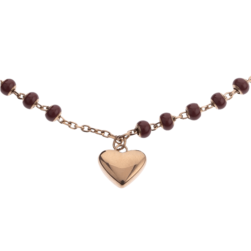 bracelet acier femme callas acier ion plating rose et boules époxy rouges pendentif coeur 17+3 cm