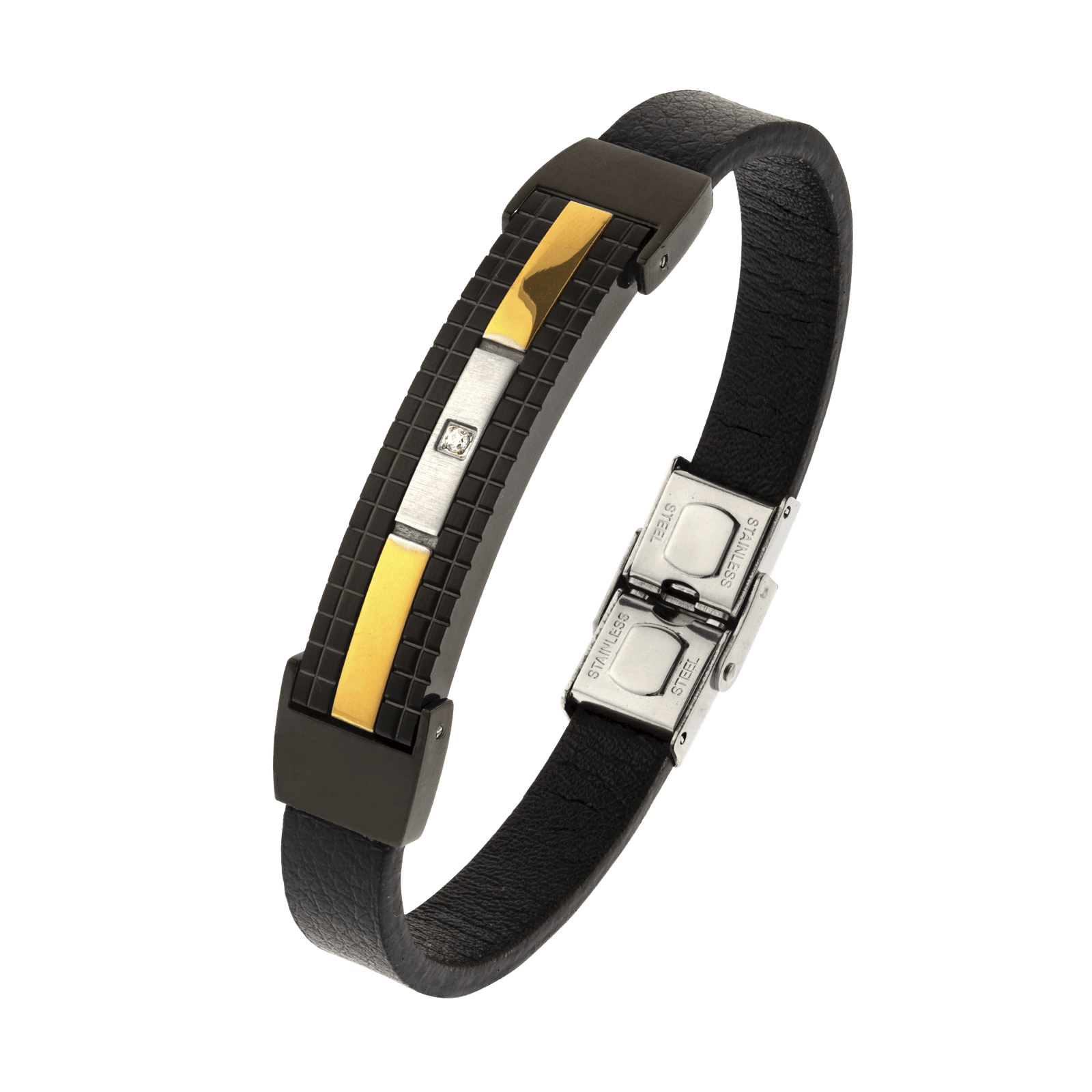 Bracelet Callas cuir noir Acier Ion Plating Black & Gold 1 Zirconia Cubique 21cm