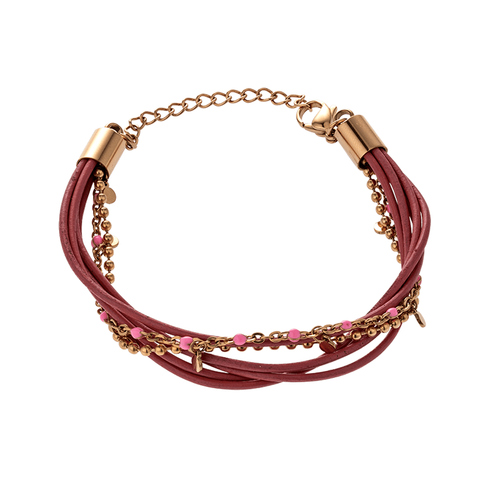 bracelet acier femme callas acier ion plating rose et cuir rose multiple rangs 17+4cm
