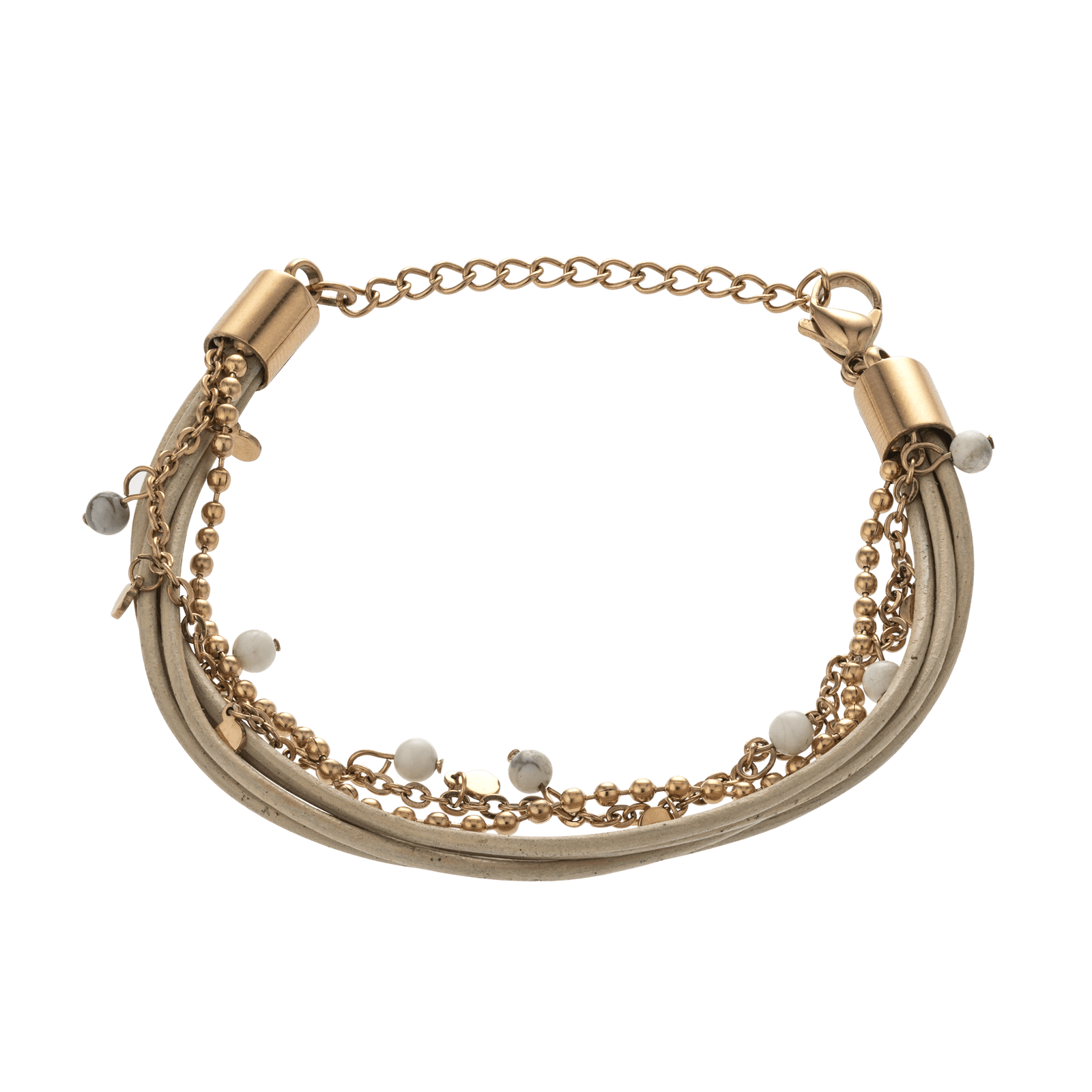 bracelet acier femme callas acier ion plating rose et cuir beige multiple rangs et breloque 17+4cm