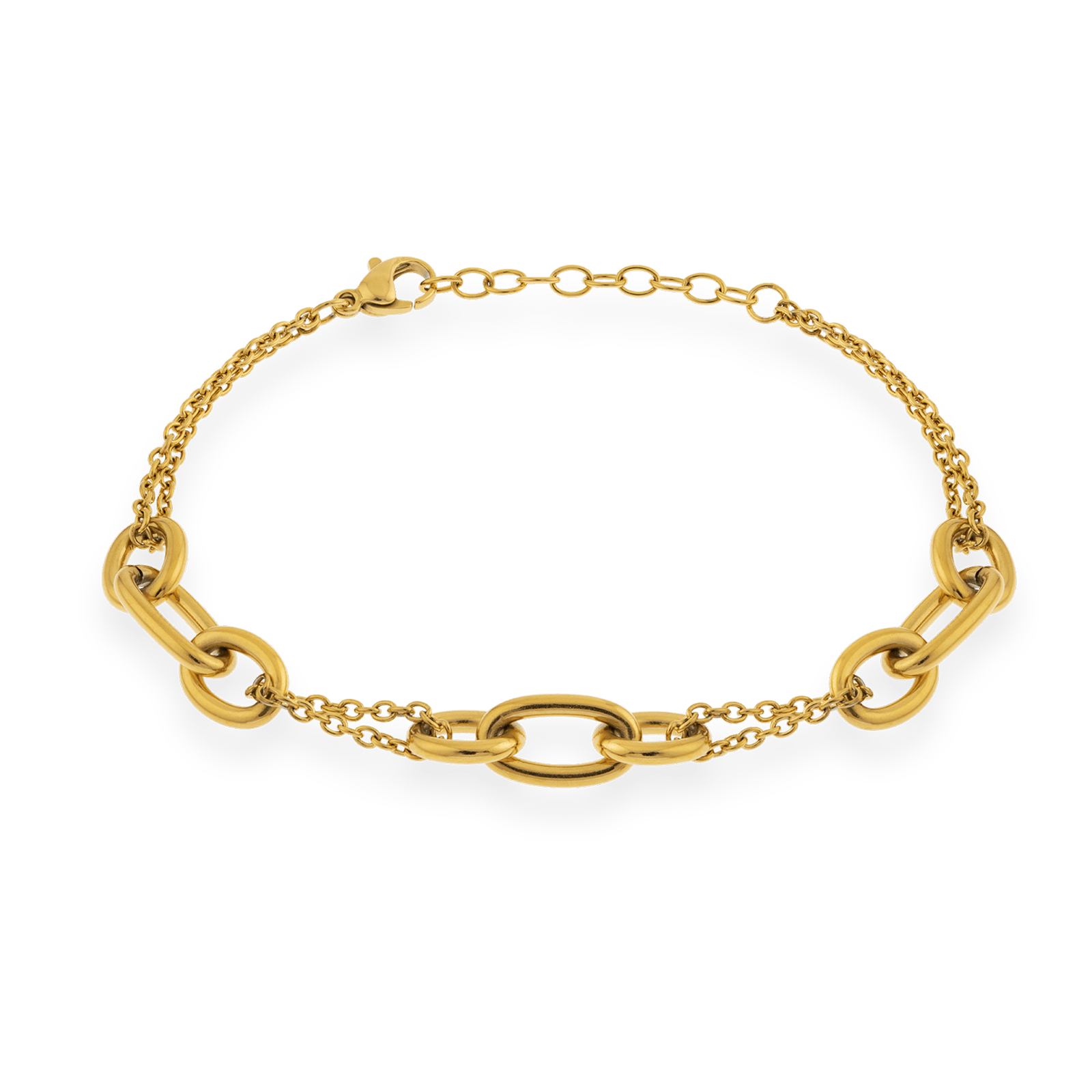 bracelet callas acier double chaîne et anneaux 17+3cm doré
