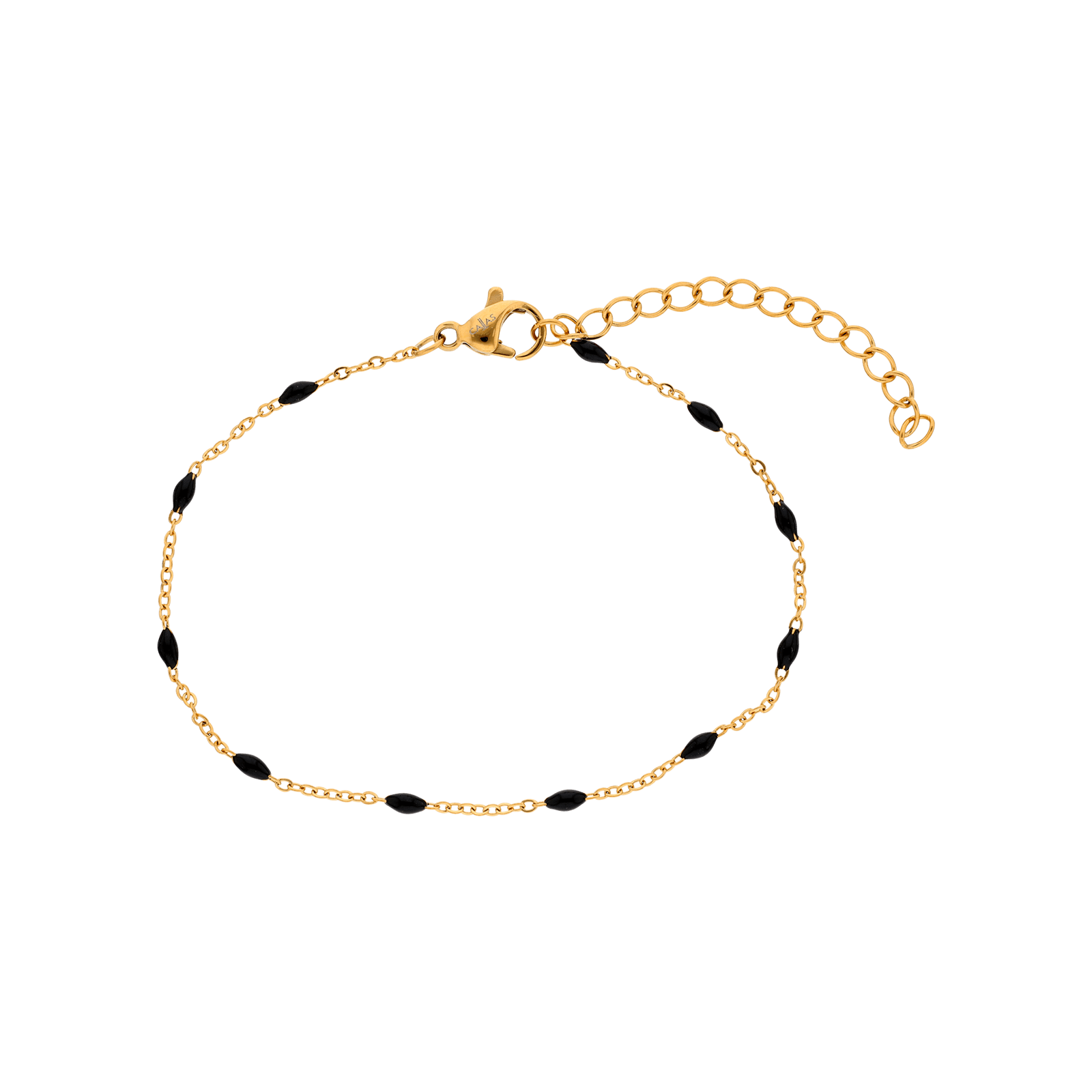 bracelet callas acier doré boules époxy noires 16 plus 4 mm