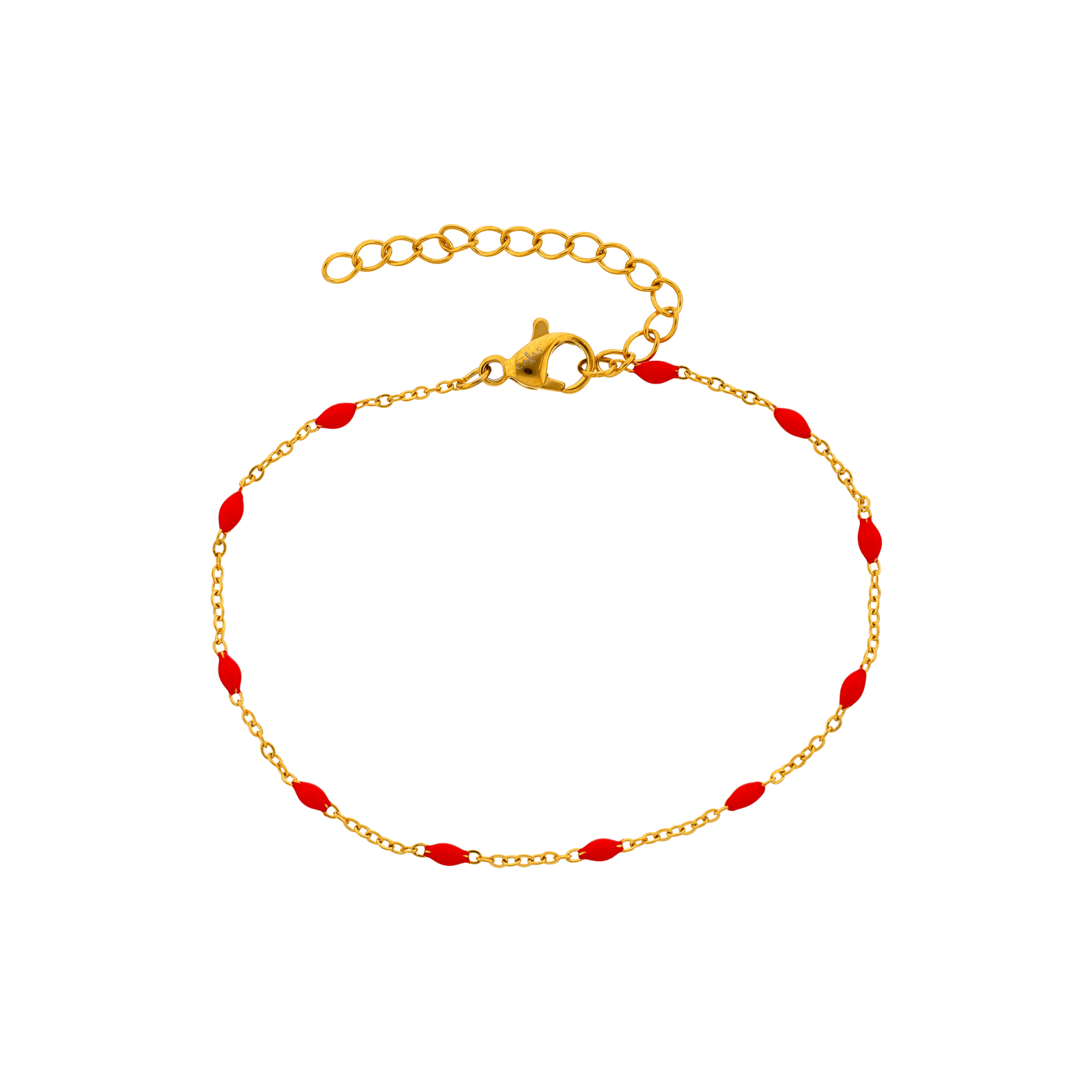 bracelet callas acier doré boules époxy rouges 16 plus 4 mm