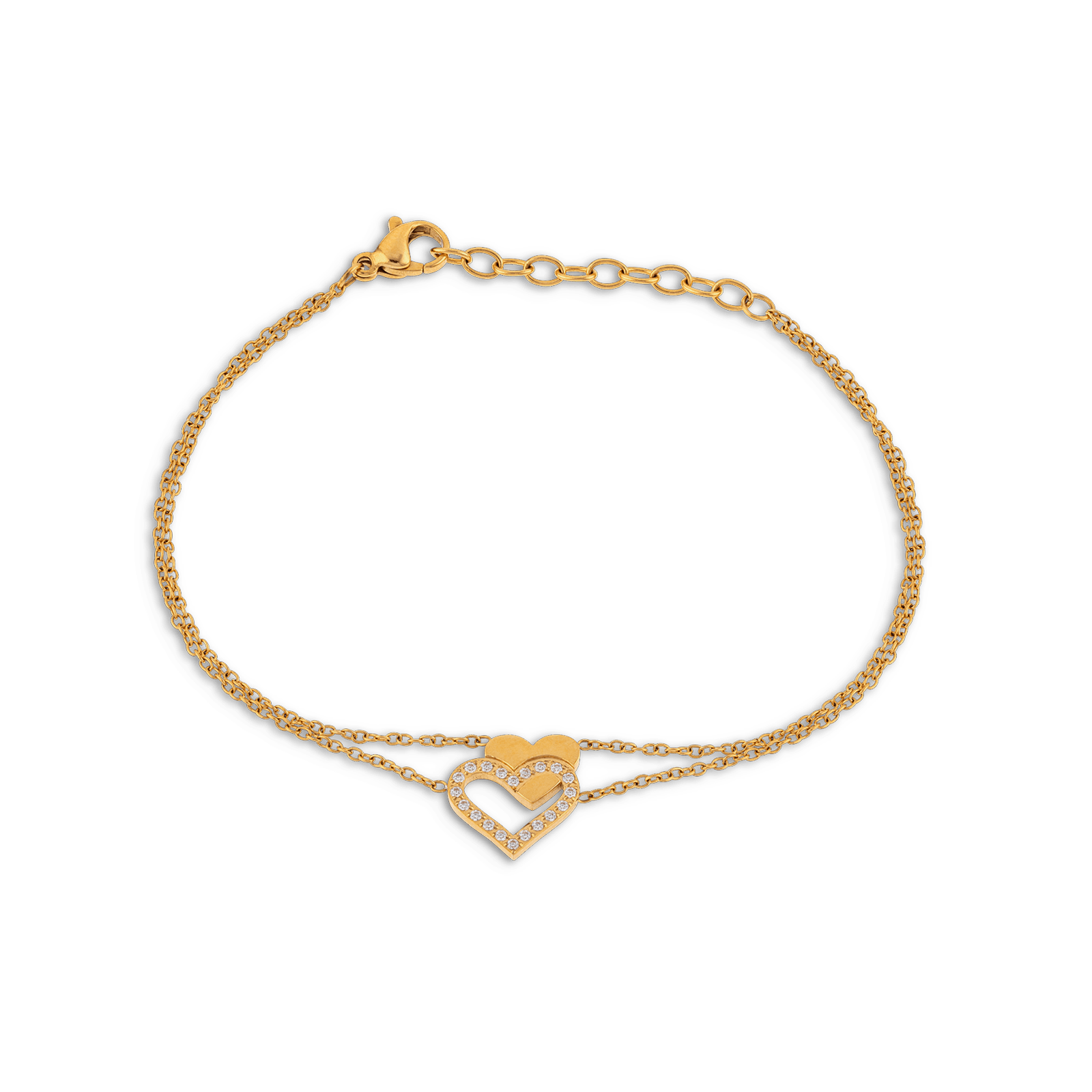 Bracelet Double Rangs Acier Jaune Cœurs Zirconium