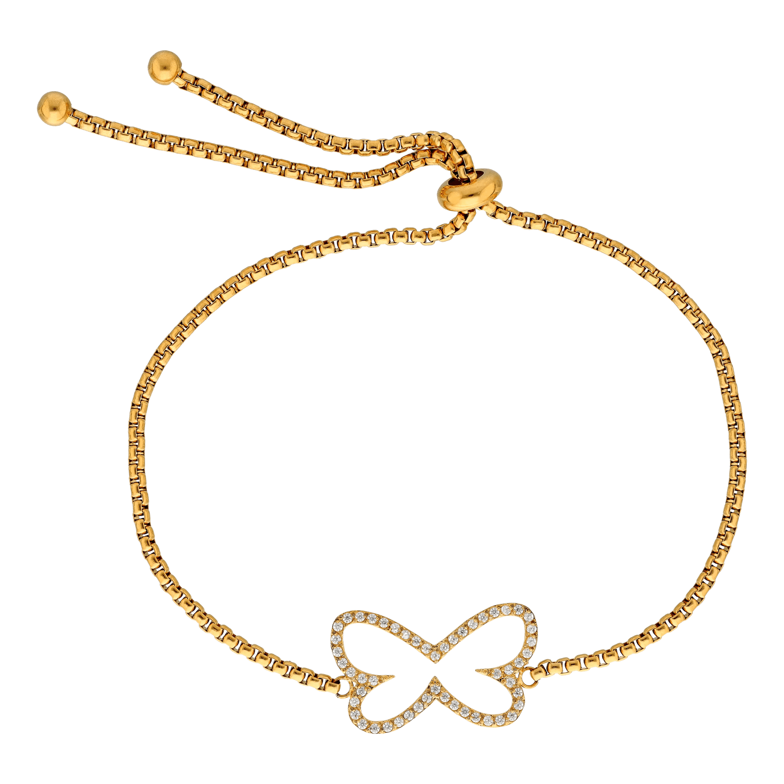 Bracelet Callas en acier doré centre papillon ajouré et oxydes de zirconium blancs, 28,5 cm