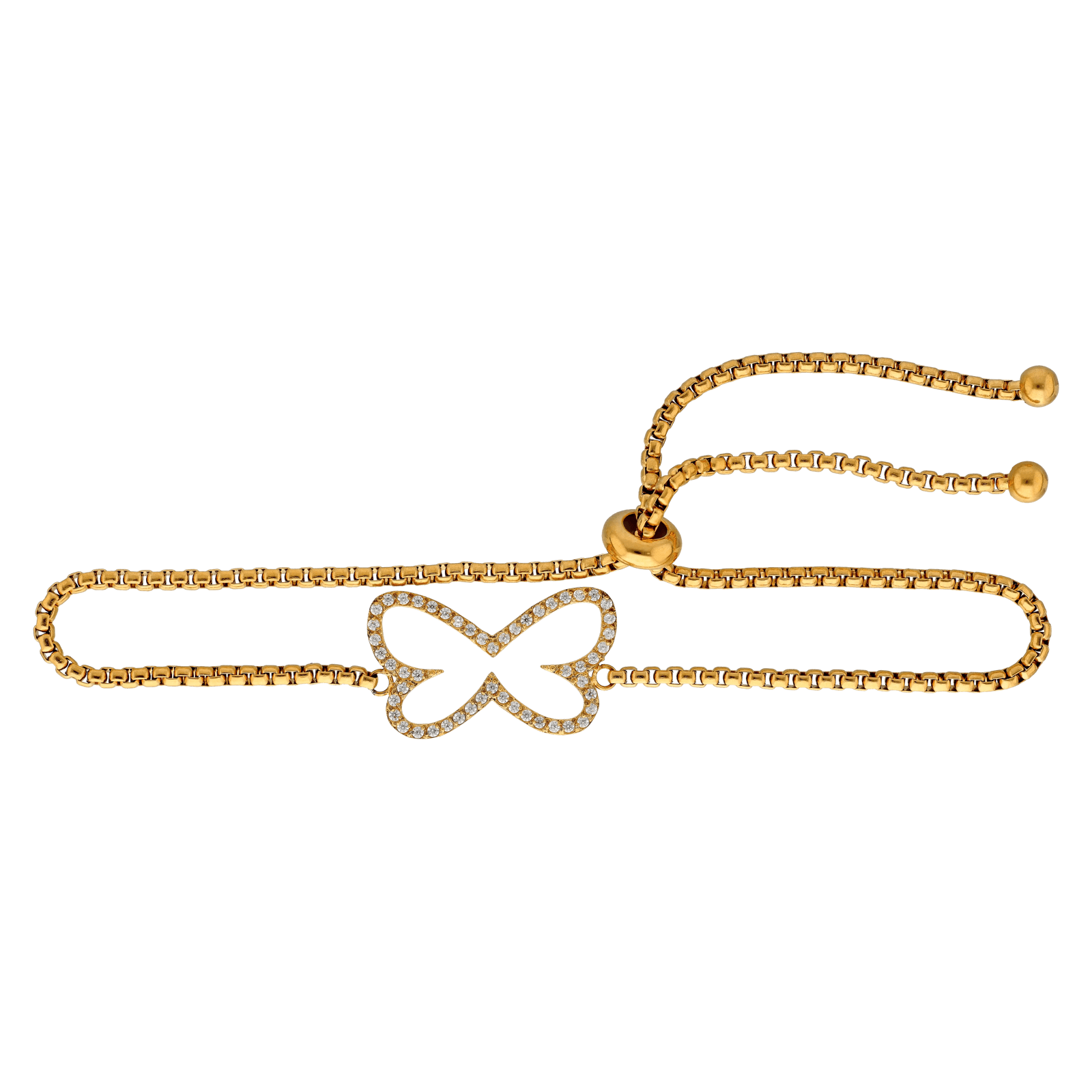 Bracelet Callas en acier doré centre papillon ajouré et oxydes de zirconium blancs, 28,5 cm