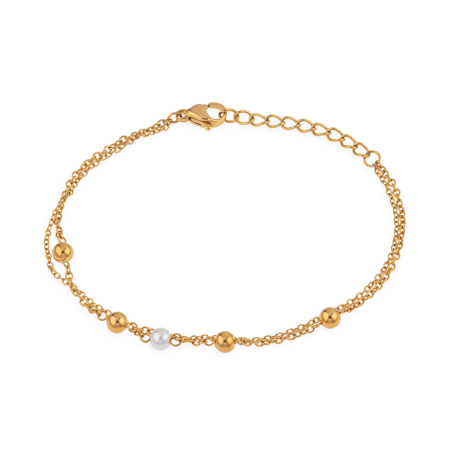 bracelet callas acier doré deux chaînes centre oxyde de zirconium quatre boules 17 plus 5 mm
