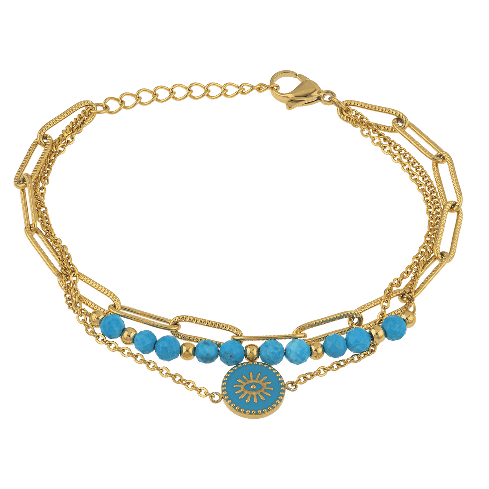 bracelet acier femme callas acier triple chaîne et turquoise synthétique 17+3cm