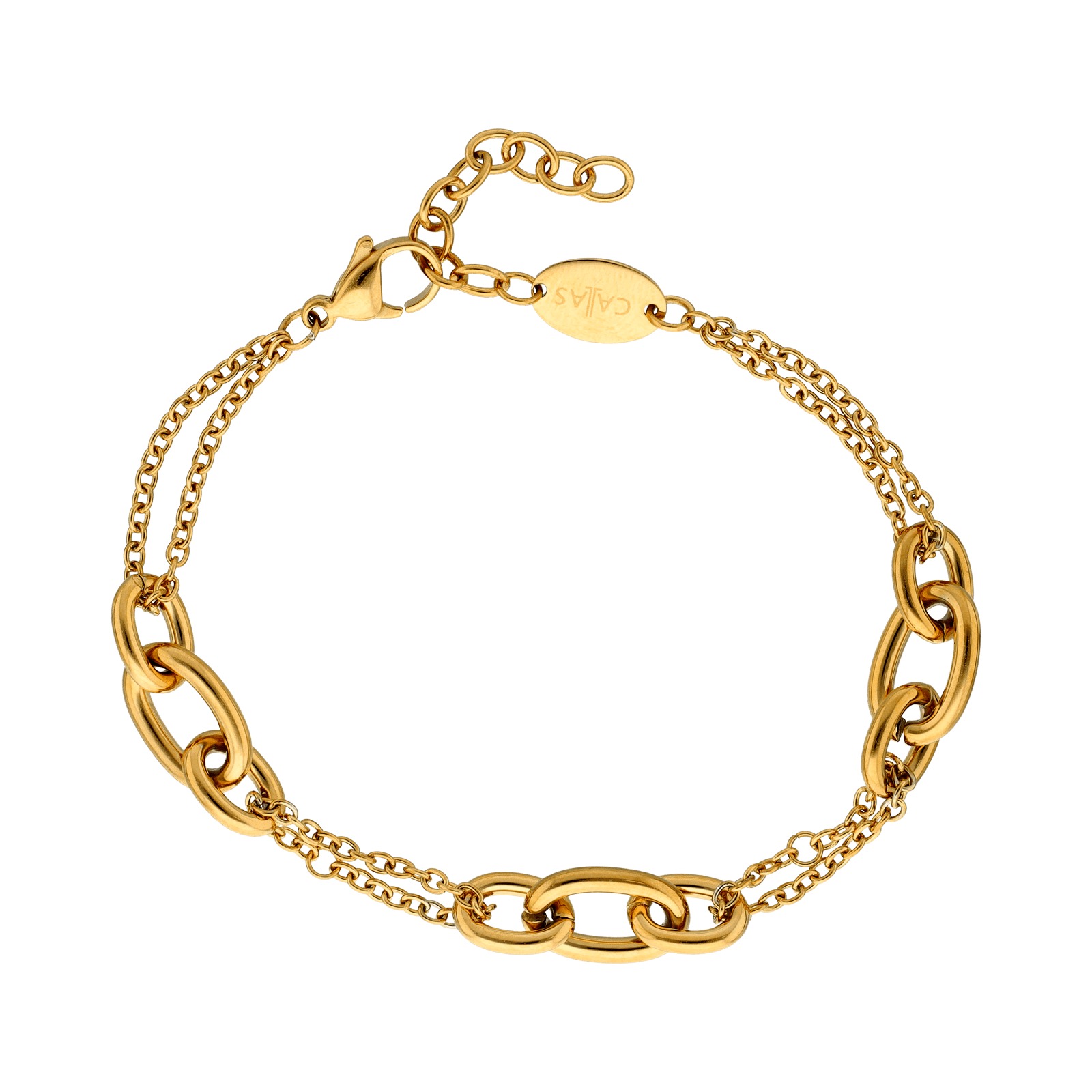 Bracelet Callas en acier doré double chaîne avec trois maillons maille forçat lisse, 17 cm avec rallonge de 3 cm