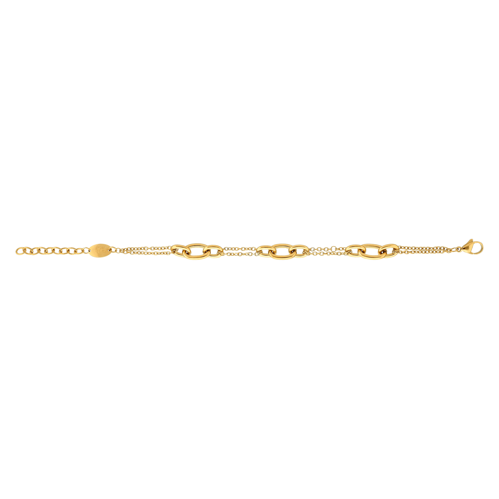 Bracelet Callas en acier doré double chaîne avec trois maillons maille forçat lisse, 17 cm avec rallonge de 3 cm