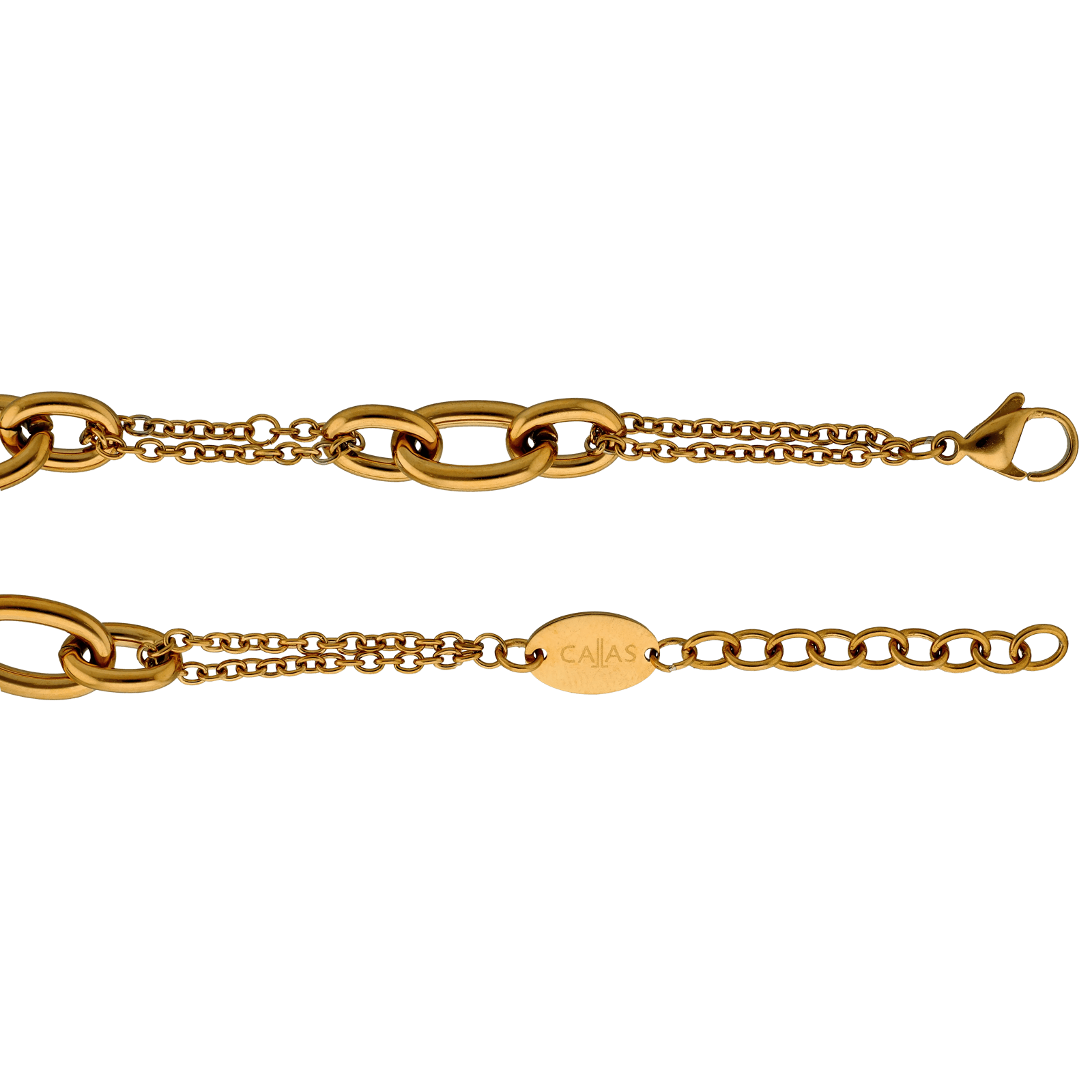 Bracelet Callas en acier doré double chaîne avec trois maillons maille forçat lisse, 17 cm avec rallonge de 3 cm