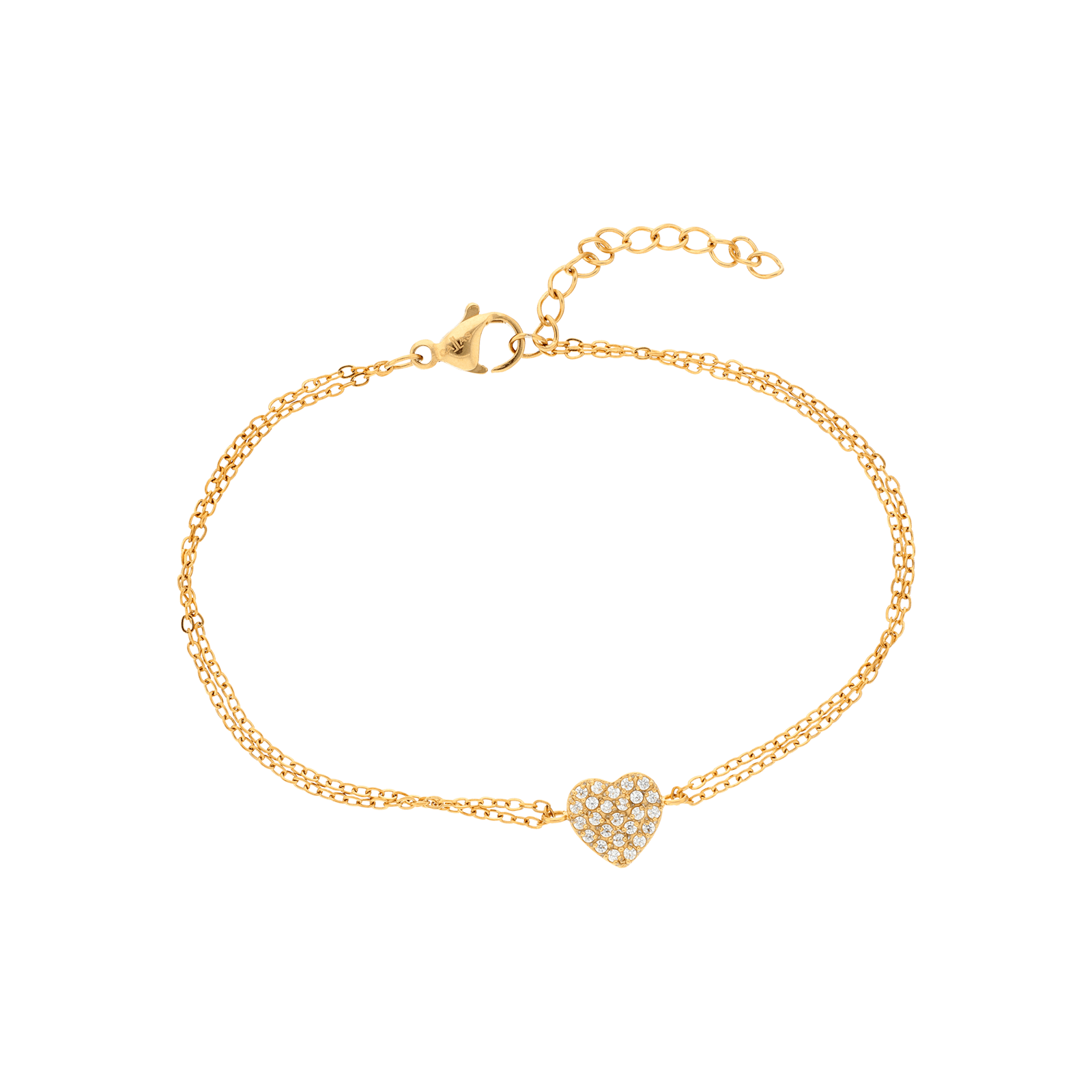 Bracelet Callas Acier doré Chaîne 2 rangs coeur sertie Oxyde de Zirconium 16 plus 3 centimètres