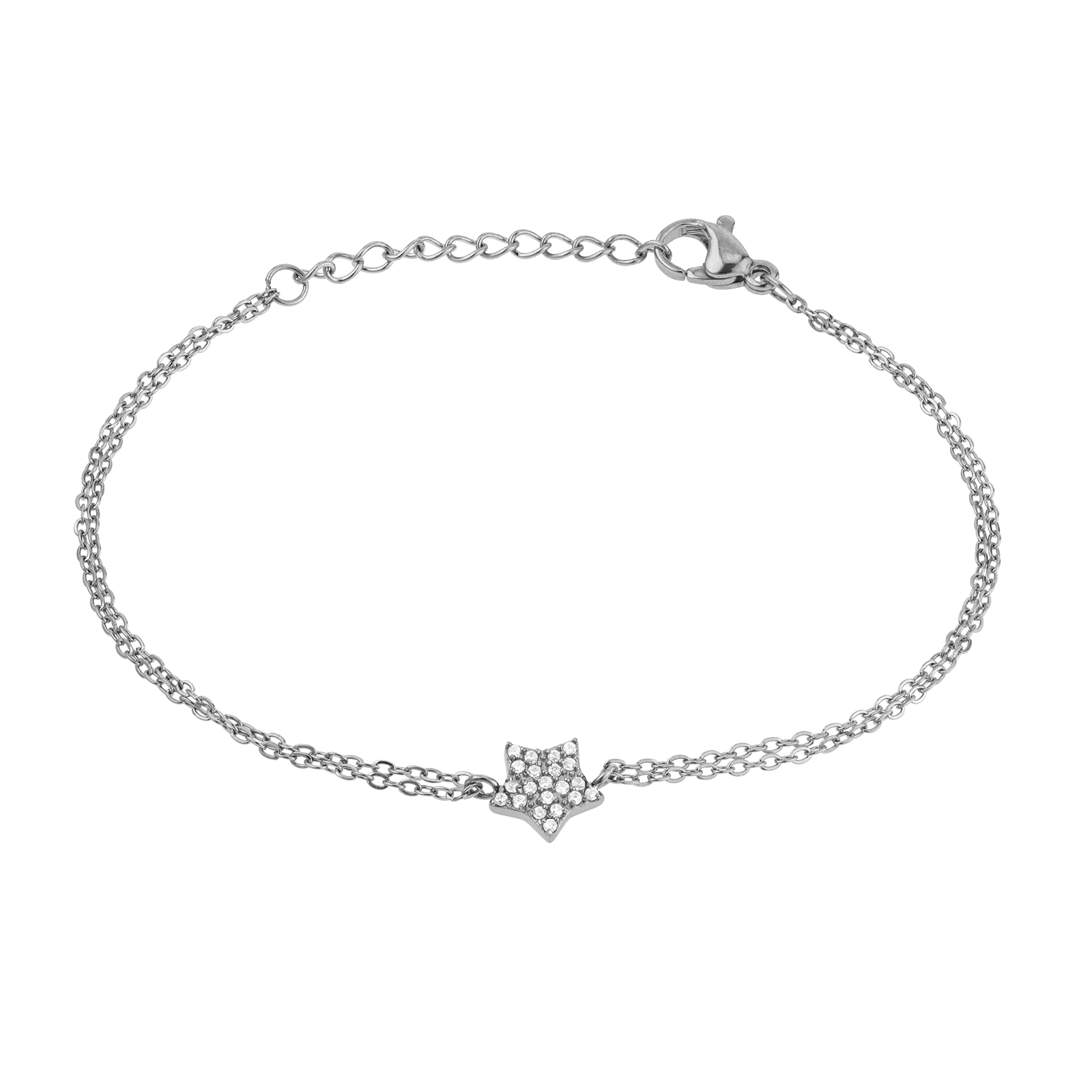 Bracelet Callas Acier Chaîne 2 rangs étoile sertie Oxyde de Zirconium 16 plus 3 centimètres