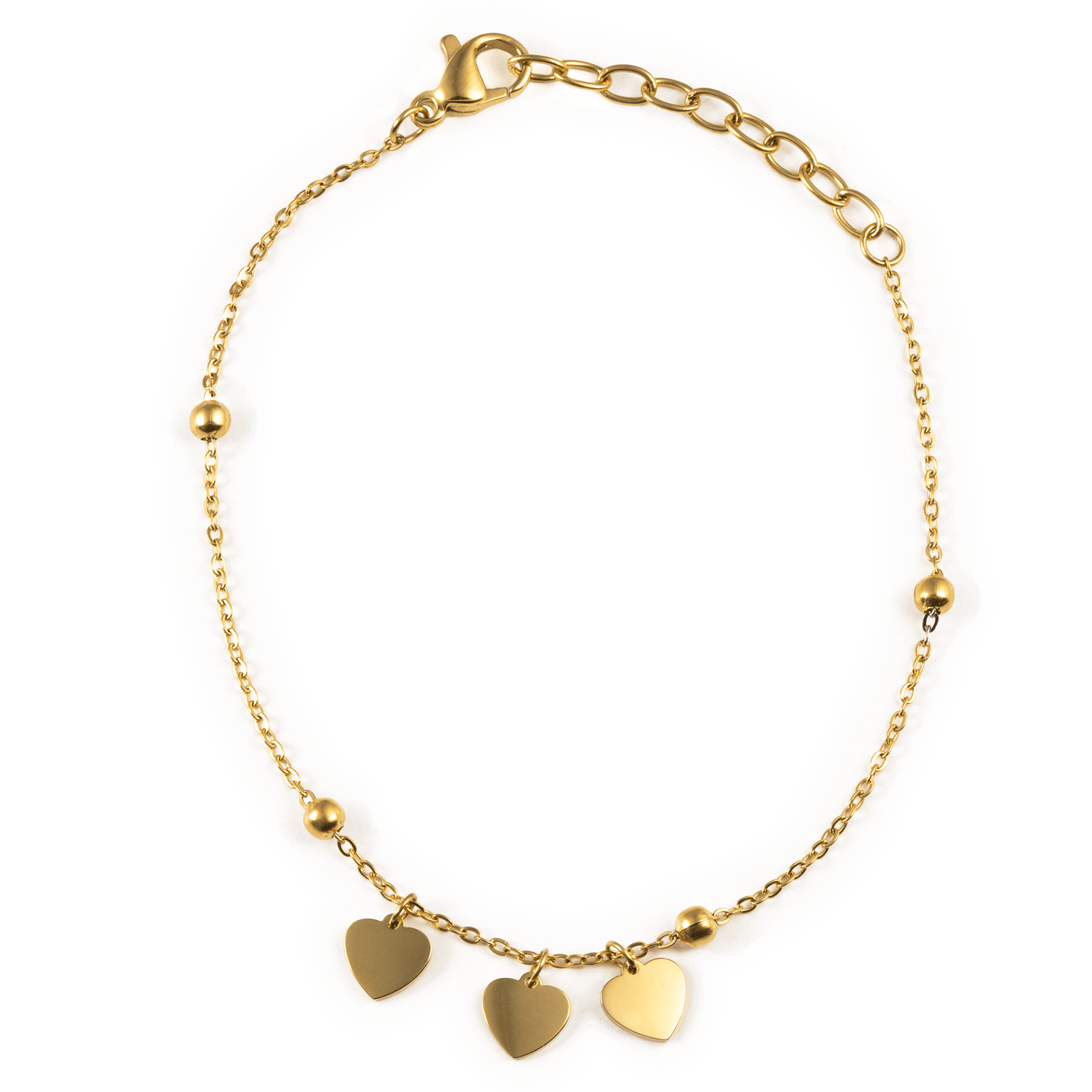 bracelet callas acier doré boules et breloque 3 coeurs 16 plus 3 mm