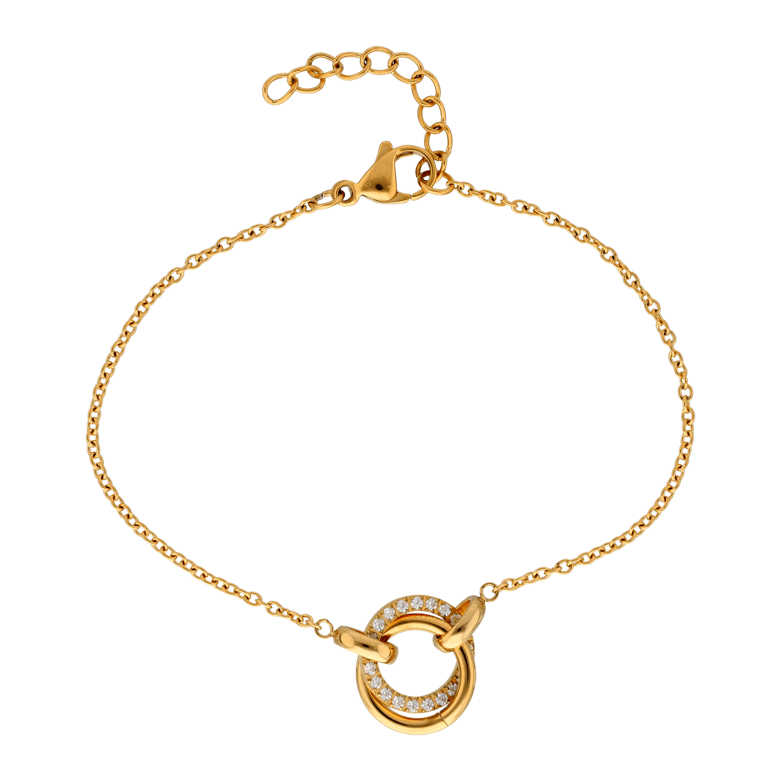 Bracelet Callas en acier doré avec médaille deux anneaux et oxydes de zirconium blancs, 17 cm avec rallonge de 3 cm