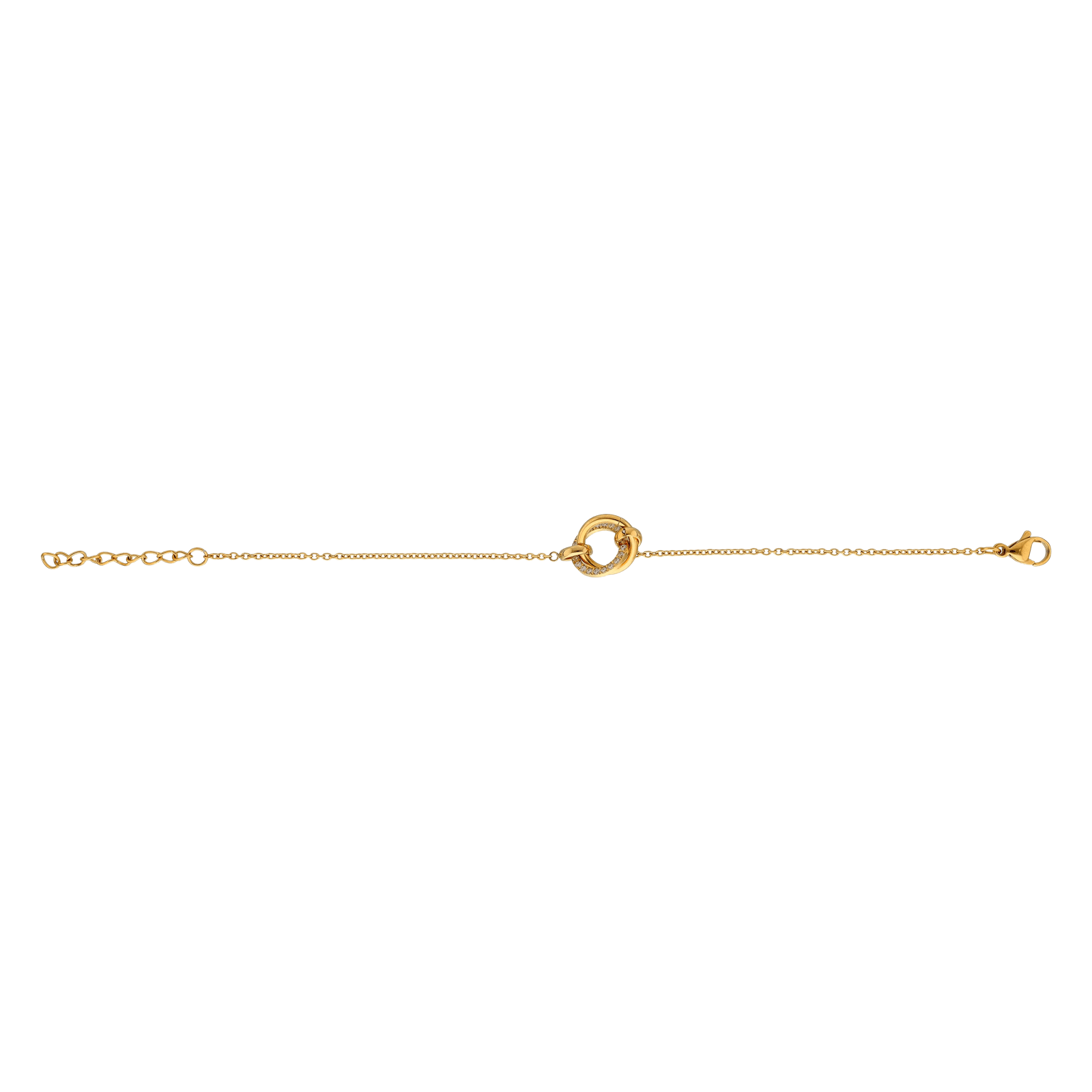 Bracelet Callas en acier doré avec médaille deux anneaux et oxydes de zirconium blancs, 17 cm avec rallonge de 3 cm