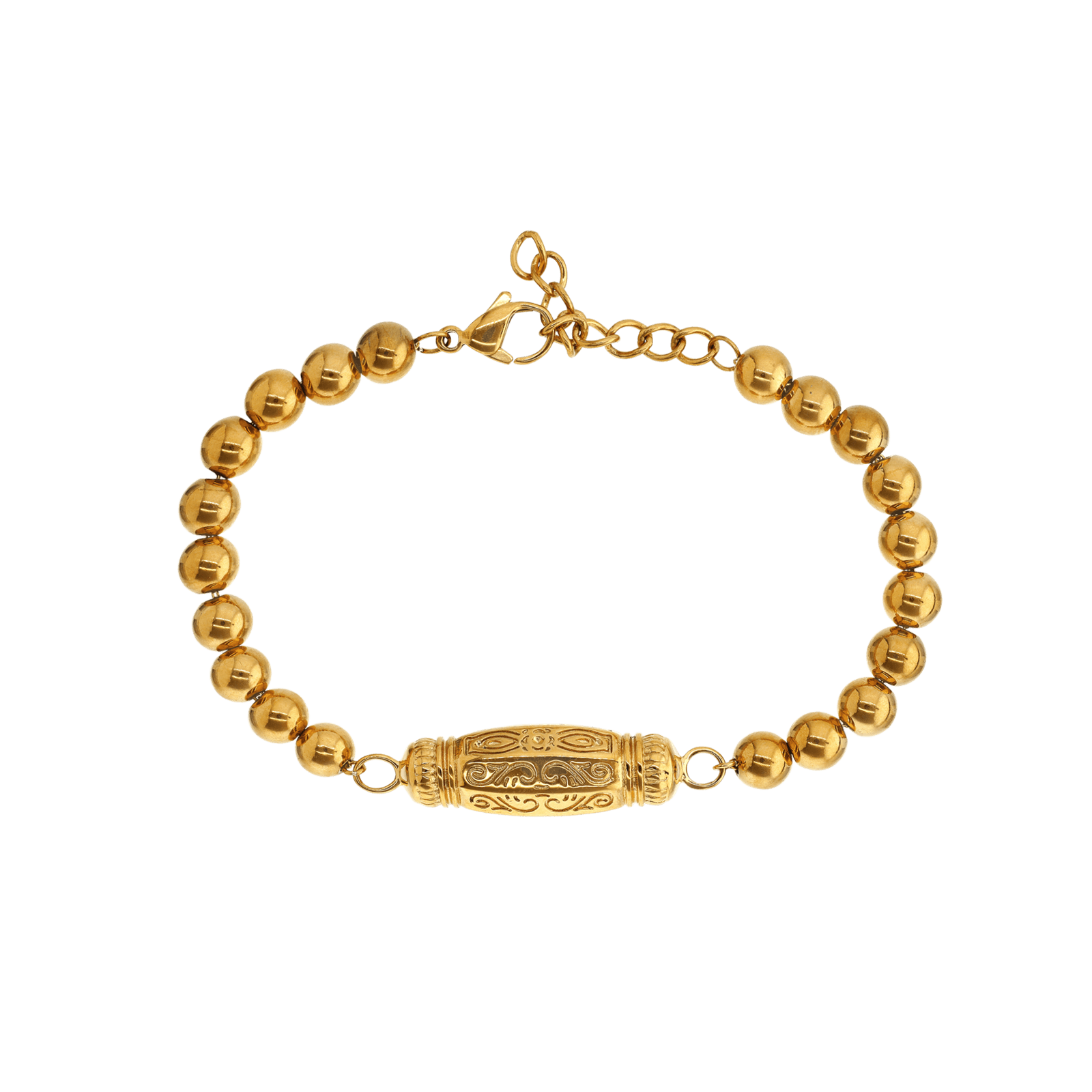 Bracelet Callas Acier doré boules 6 millimètres centre barillet ciselé 17 plus 3 centimètres