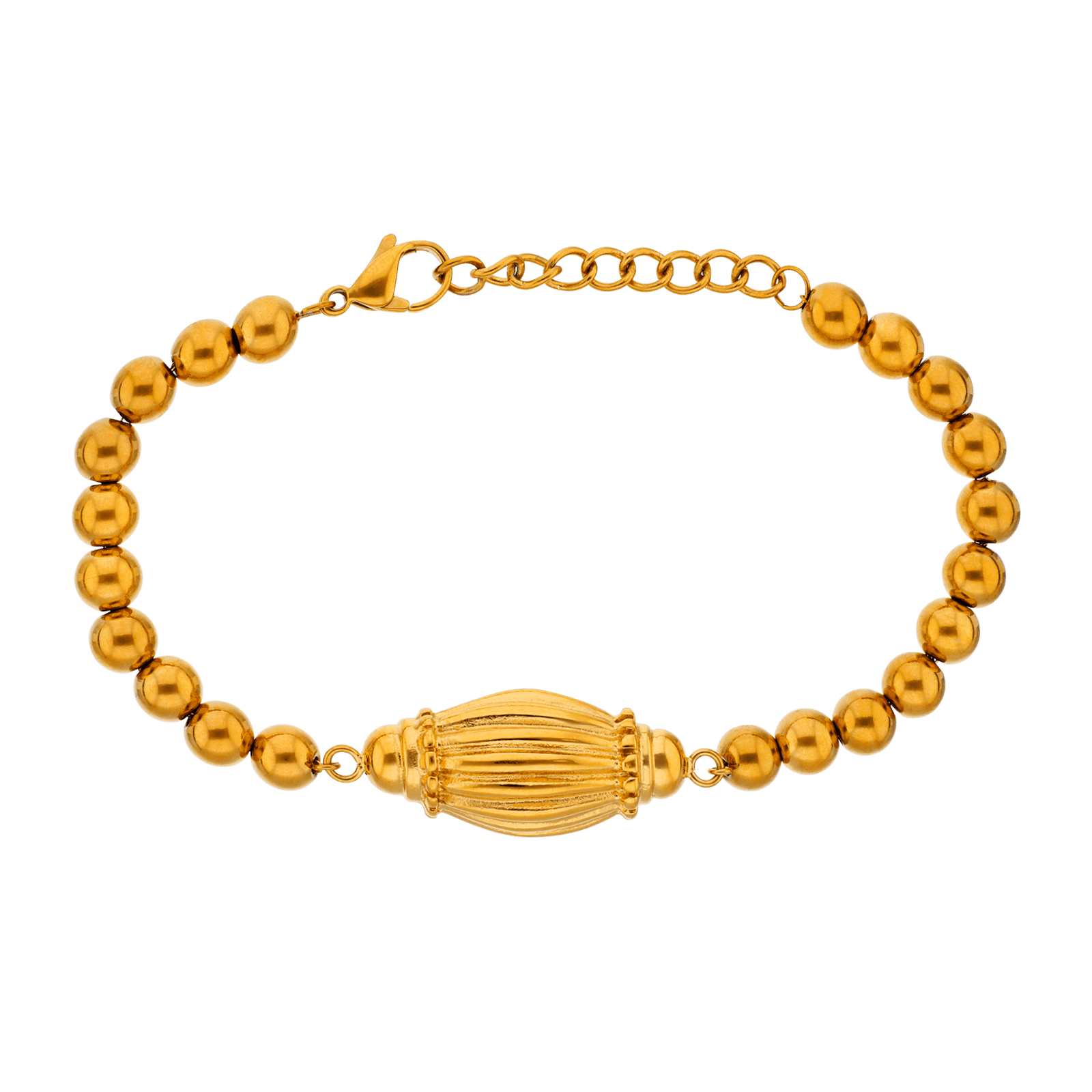 Bracelet Callas Acier doré boules 6 millimètres centre barillet ovale ondulé 17 plus 3 centimètres